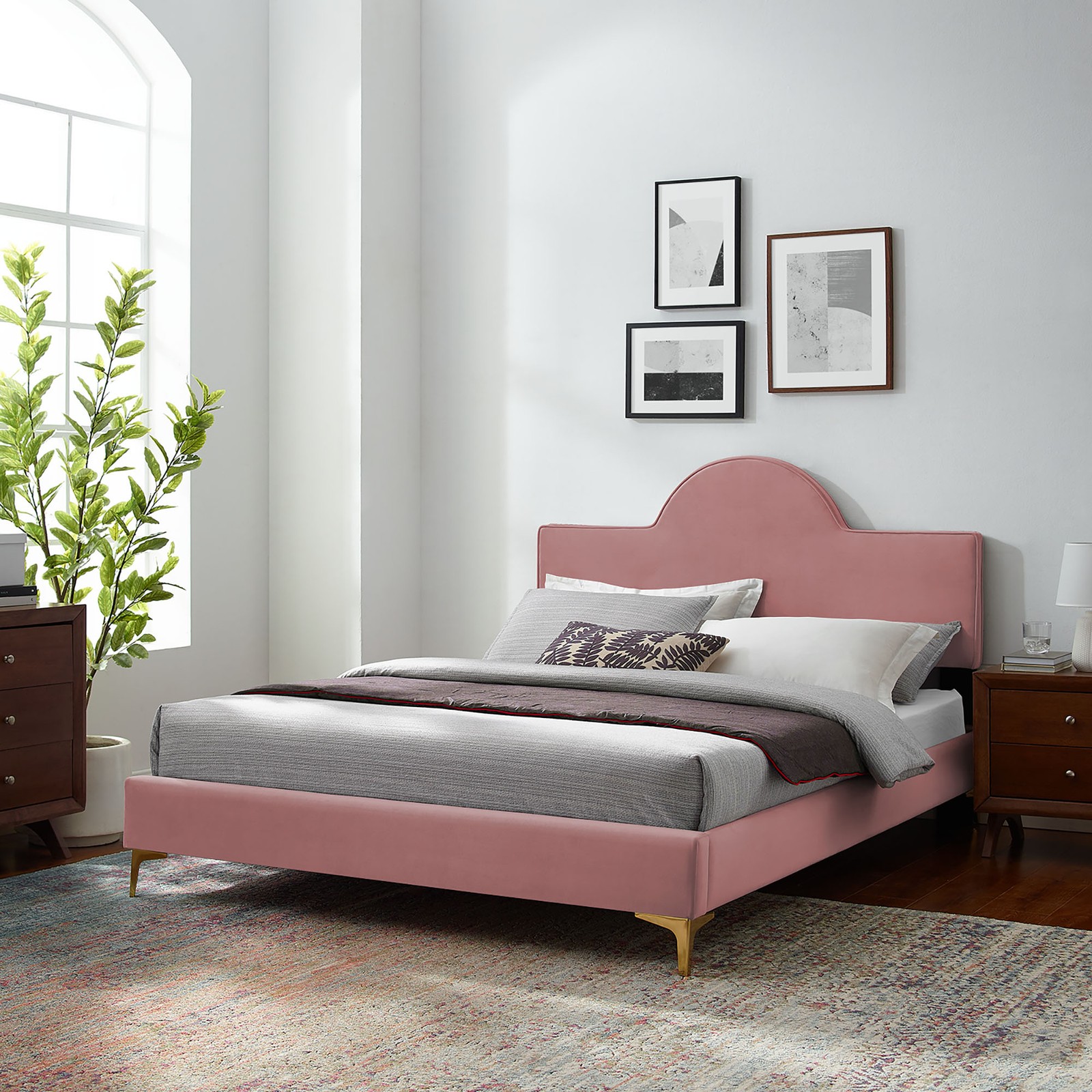 Modway Sunny Performance Velvet King Bed in Dusty Rose
