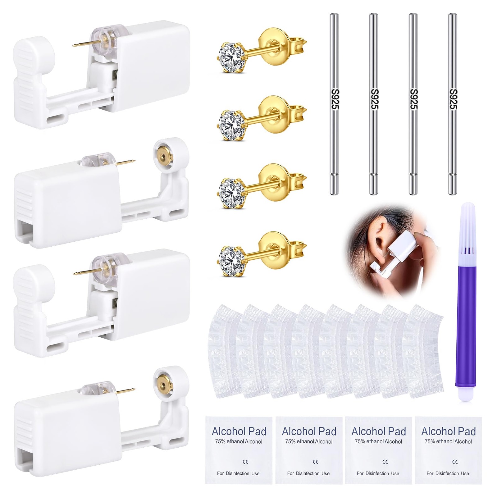 DJCIW 21PCS Gold Ear Piercing Kit,Disposable Gold, J-21pcs-golden-3m CZ