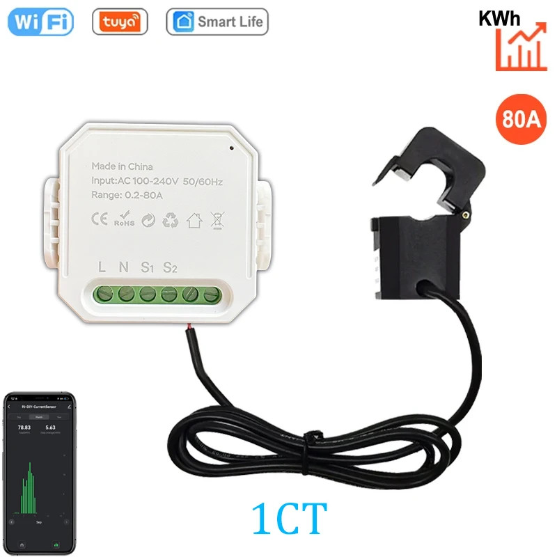 Tuya WiFi Smart Energy Meter 80A AC100-240V 1CT Clamp Power Monitor App Control