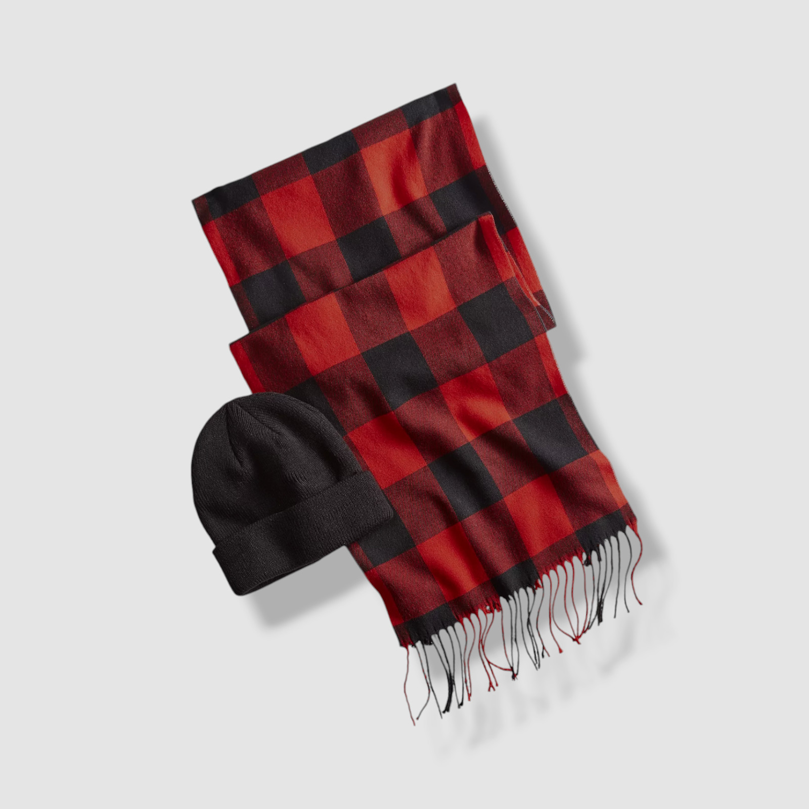 Club Room Men's Red Plaid Scarf & Solid Black Beanie Set OS