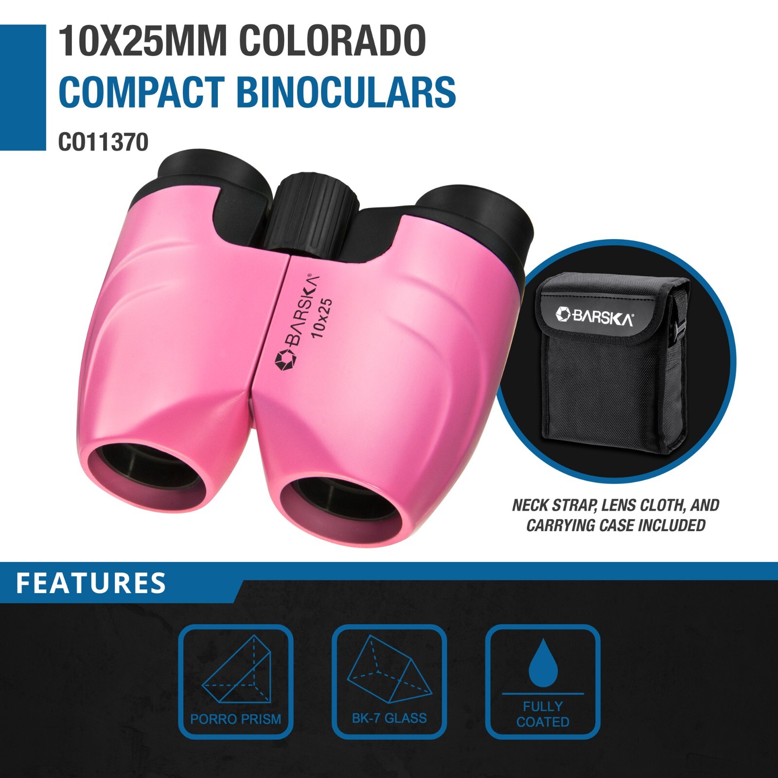 Barska 10x25 Pink Colorado Compact WP Binoculars with Carry Case & Neck Strap