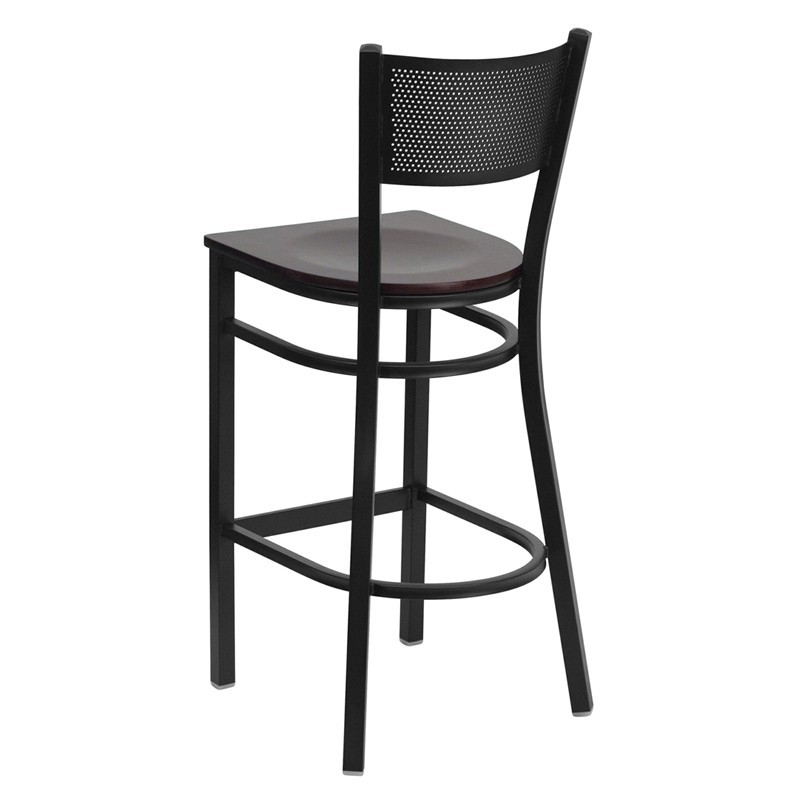 Black Grid Back Metal Restaurant Barstool with Mahogany Wood Seat