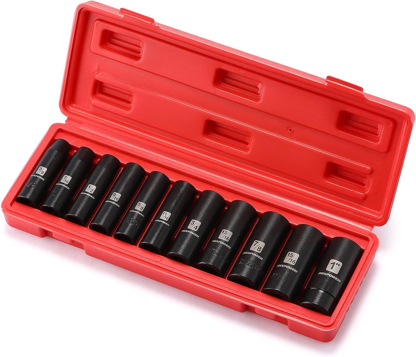 Impact Socket Set 11 Pieces Chrome Vanadium Deep SAE 6-Point for Heavy Duty