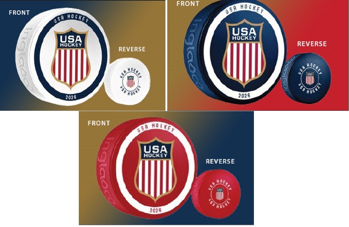 2026 WINTER OLYMPIC GAMES 3 PUCK SET MENS GOLD CHAMPIONS USA HOCKEY SOUVENIR NHL