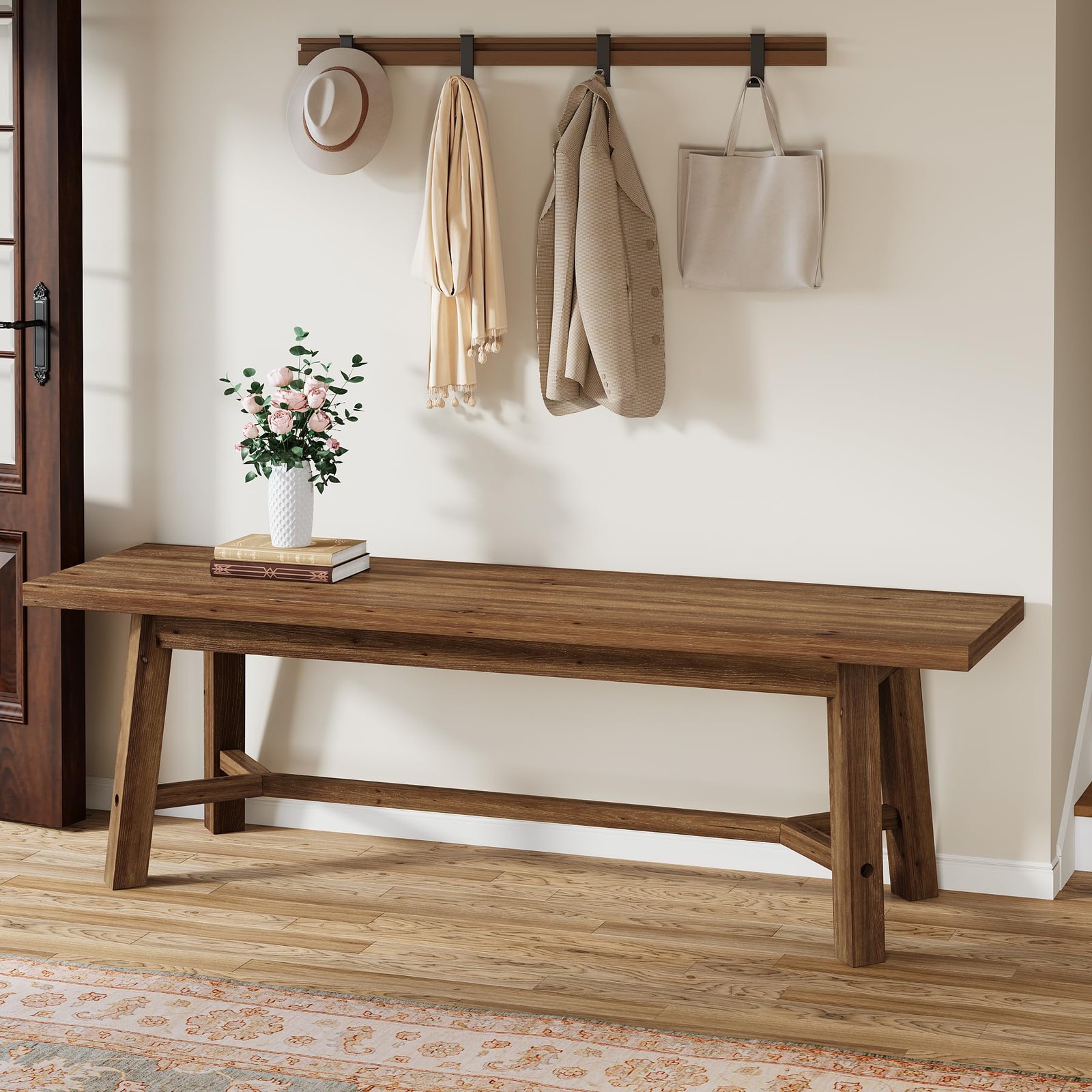 55" Solid Wood Farmhouse Bench Dark Brown