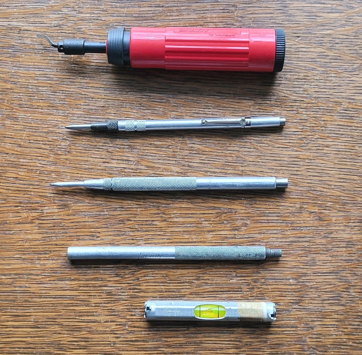 (5) Pocket Tools- (2) Scribers/ Magnetic Tool/Stanley Level/Shaviv Deburr Tool