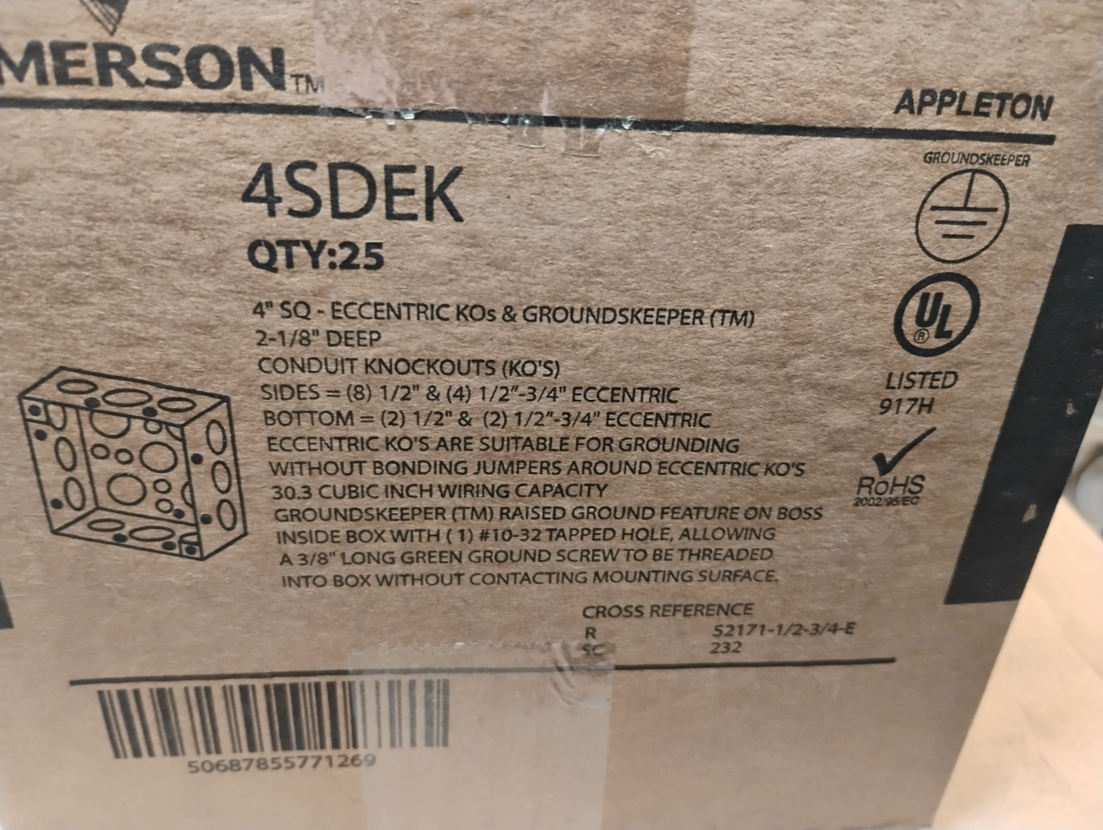 25, Emerson 4SDEK Square Box 16 Outlets 16 Knockouts, 4" x 4" x 2-1.8" D 30.3