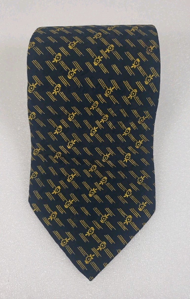 Brioni Luxury Mens Neck Tie Navy Blue & Yellow With A Floral & Paisley Pattern