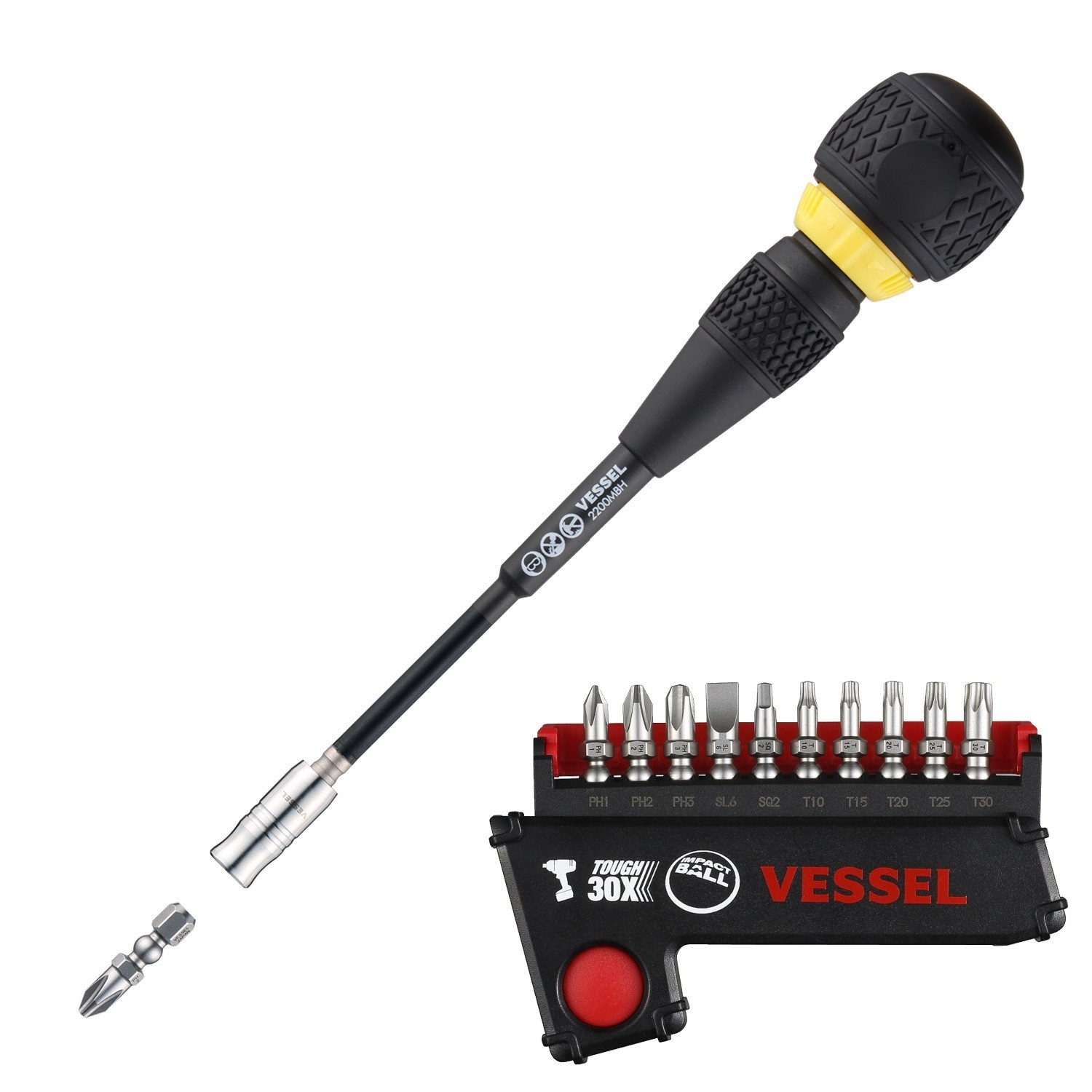 Vessel Ball Grip Ratcheting Screwdriver Interchangeable w 11pc Bit Set