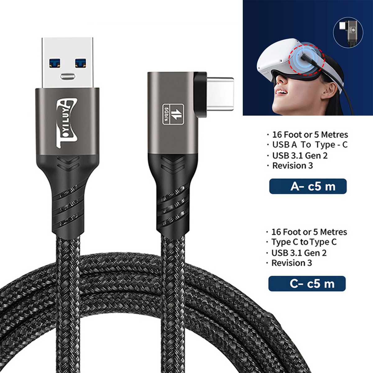 16FT Elbow Data Cable USB-A USB-C Fast Charging Line For Quest 2/3 VR Link Cable