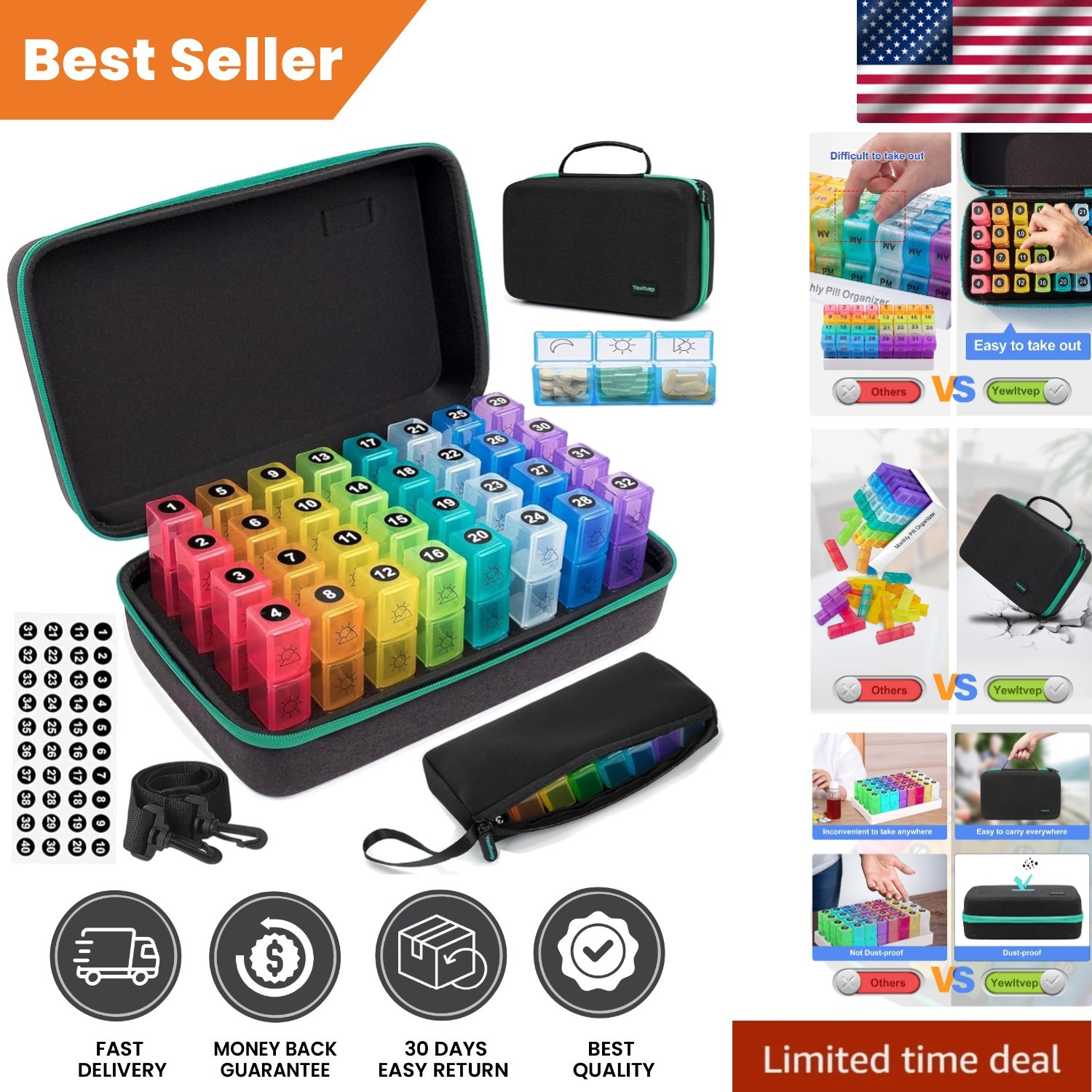 Luxury Monthly Pill Organizer 31 Day with 32 Compartment Case & Travel Bag