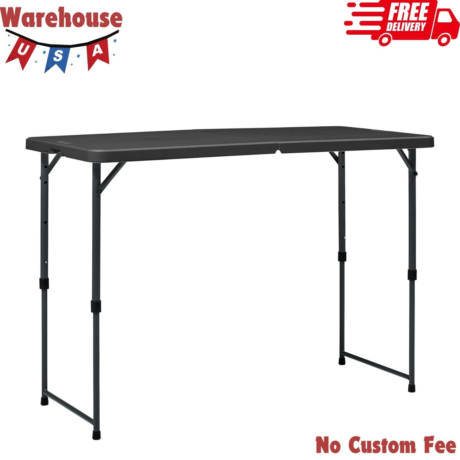 4' Adjustable Height Centerfold Folding Table, Durable, Black