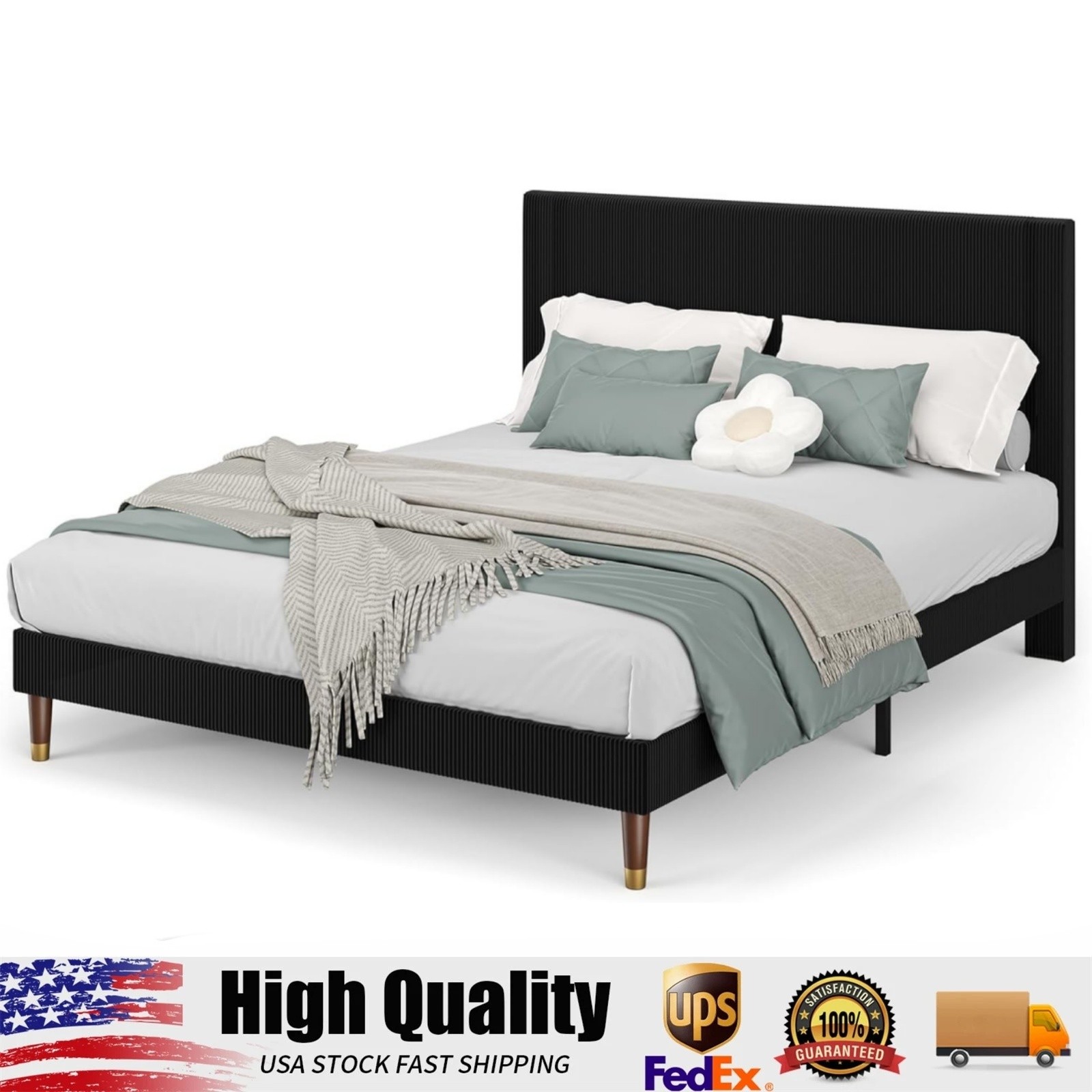 Full Size Upholstered Bed Frame, Black Platform Bed with Modern Fabric Headboard