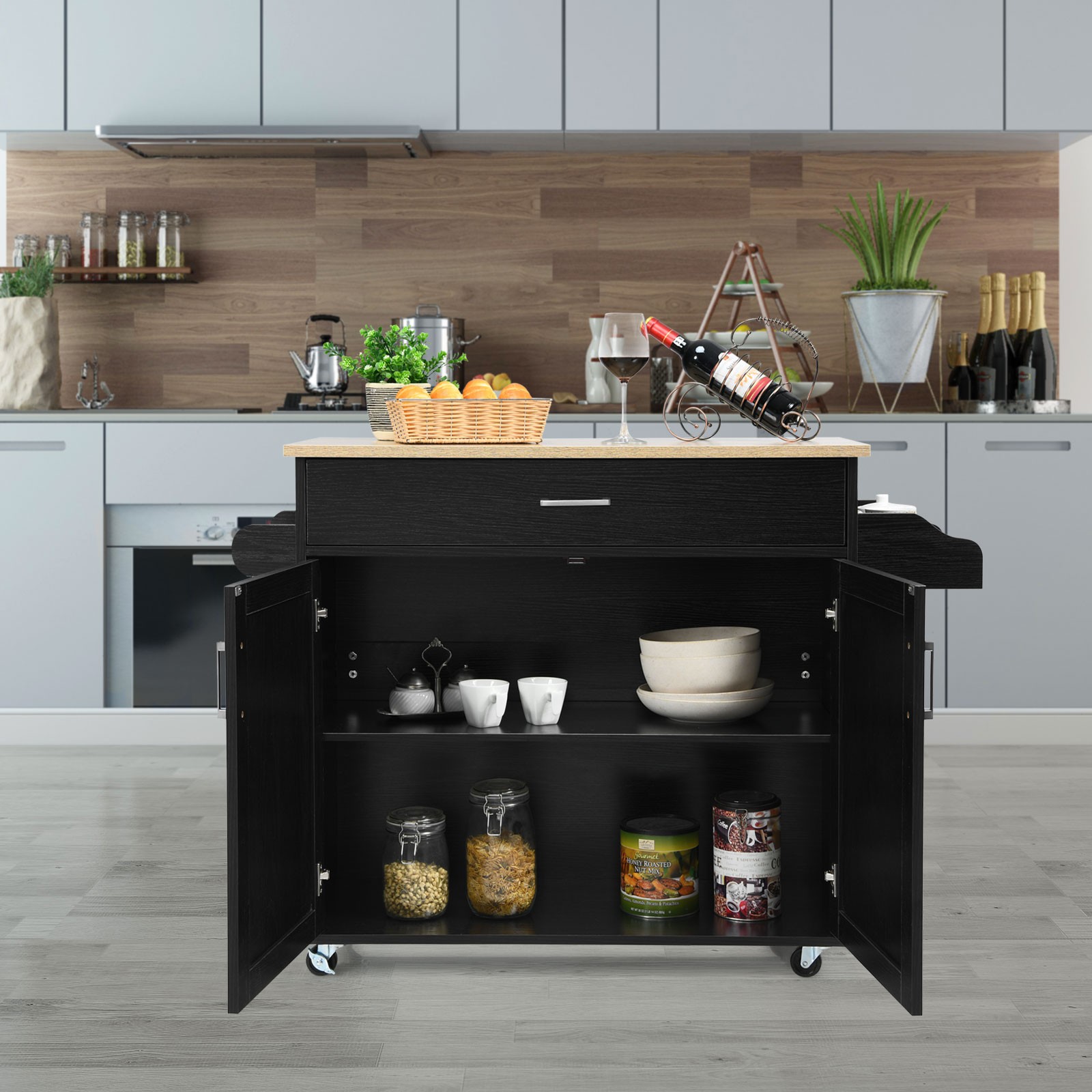 Costway Rolling Kitchen Island Cart Storage Cabinet w/ Towel & Spice Rack Black