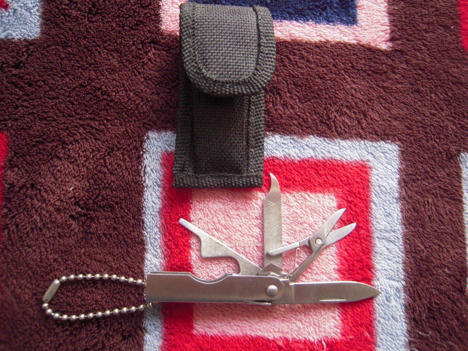NOS STAINLESS STEEL 4 IN 1 MULTITOOL & KEYCHAIN W 1.5" KNIFE BLADE & SHEATH