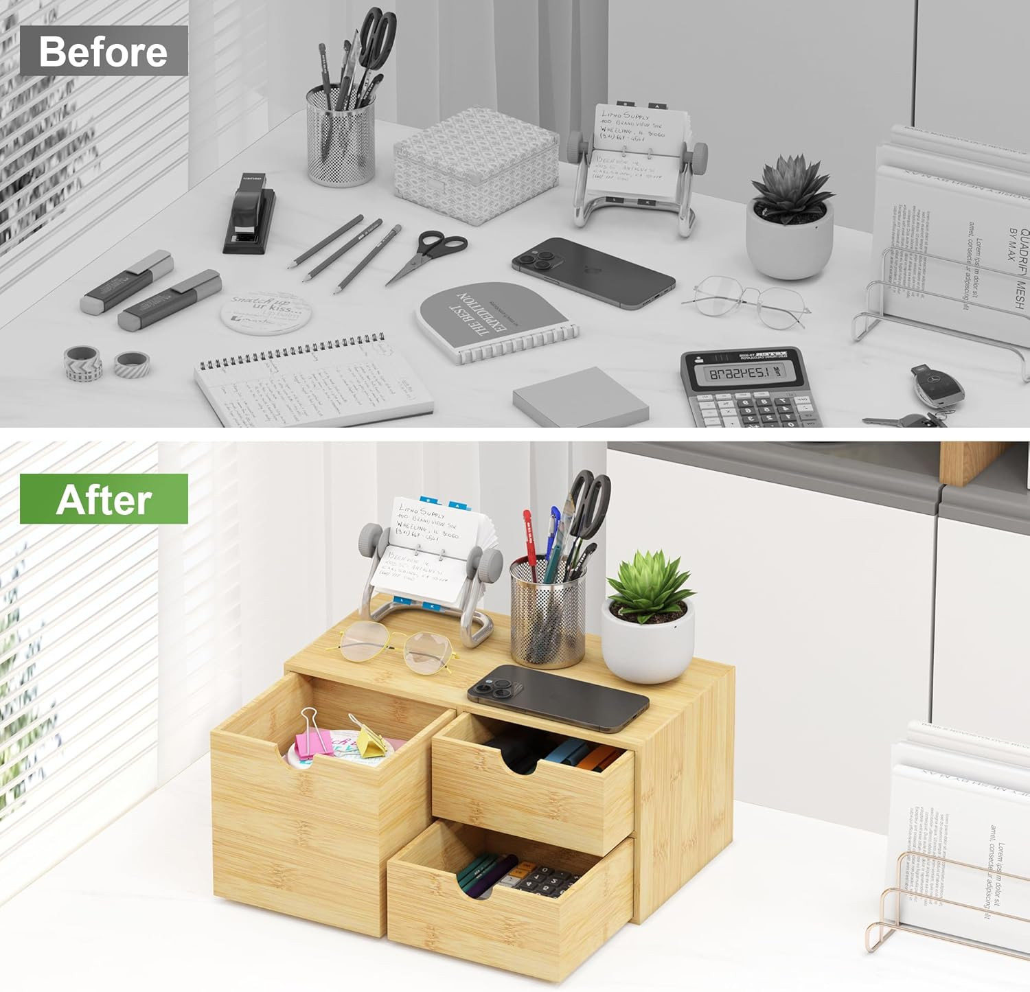 Wisuce Desk Organizer with Drawers - Bamboo Desktop Organizer Storage | White-Na