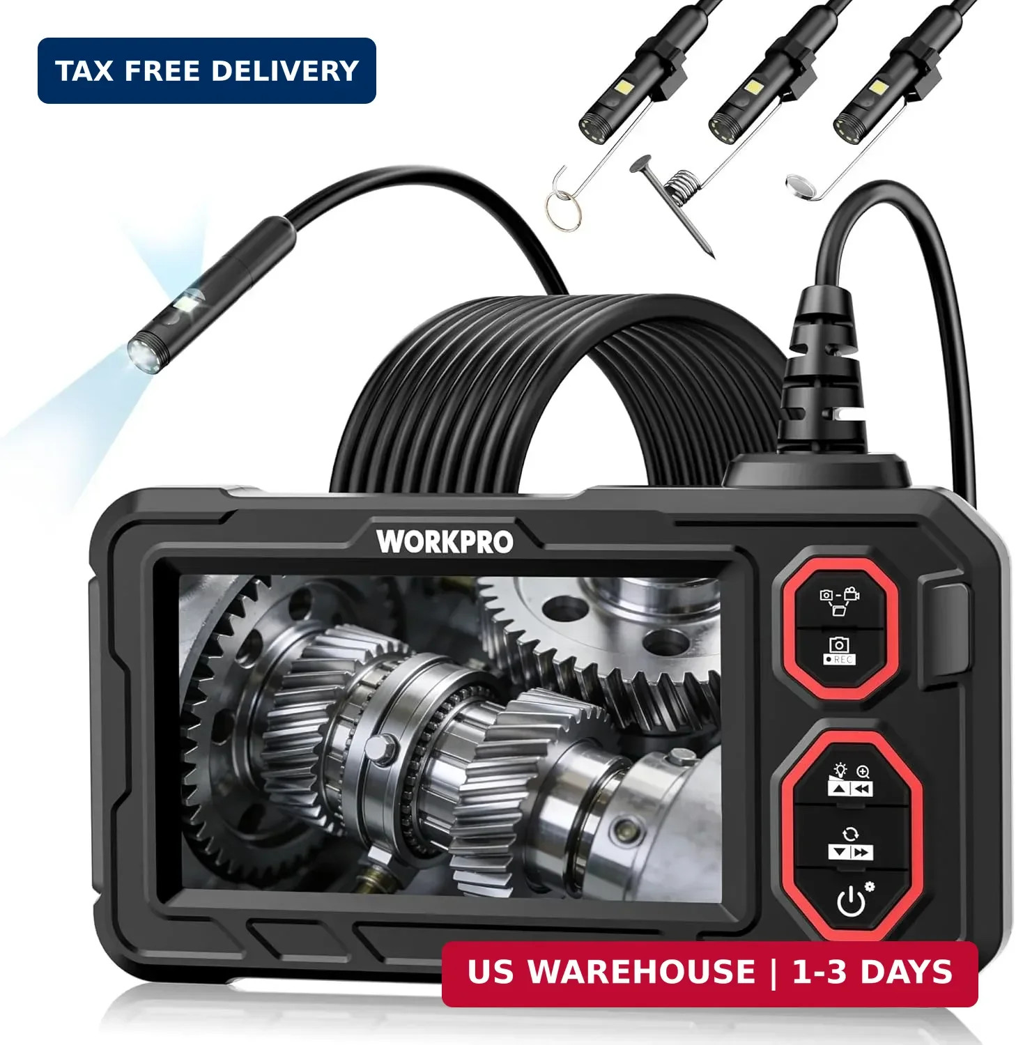 WORKPRO 4.3-Inch Rechargeable Industrial Endoscope Camera, IP67 Waterproof 1920P
