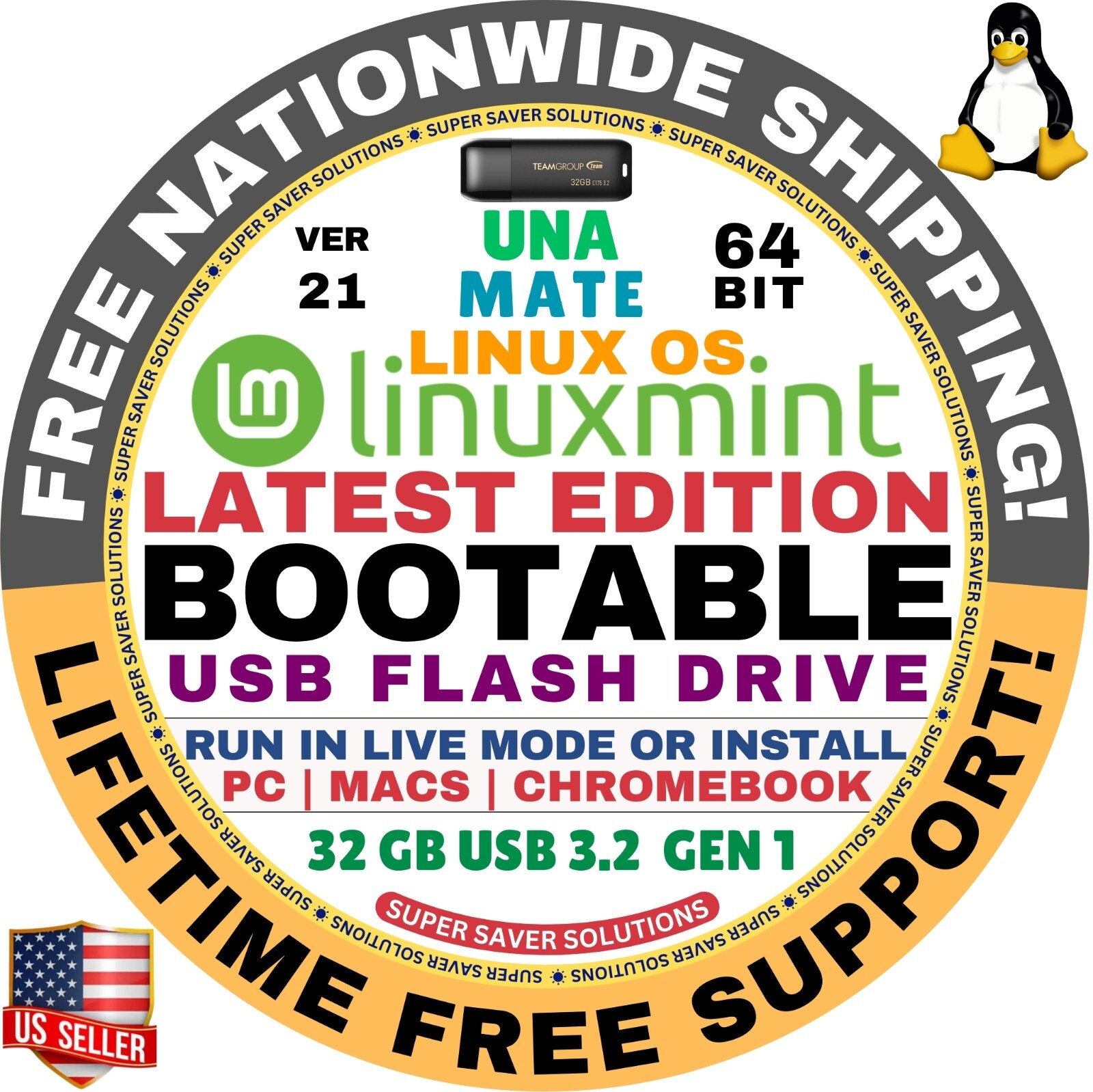 Linux MINT 20.3 USB UNA Mate 64-Bit Live Boot, Full Install MAC, PC