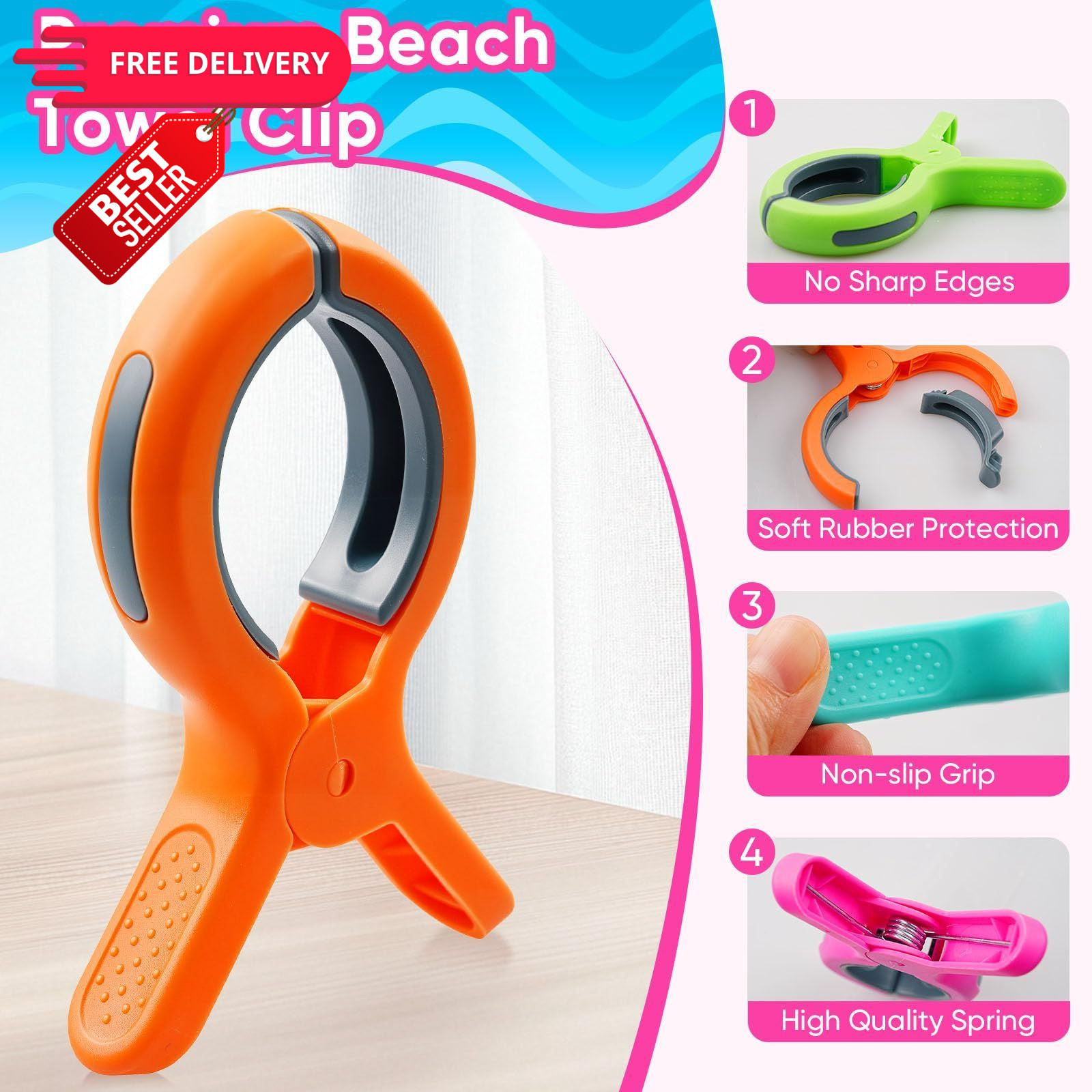 HiGift Beach Towel Clips for Chairs, Orange/Green/Mint Blue/Rose Red