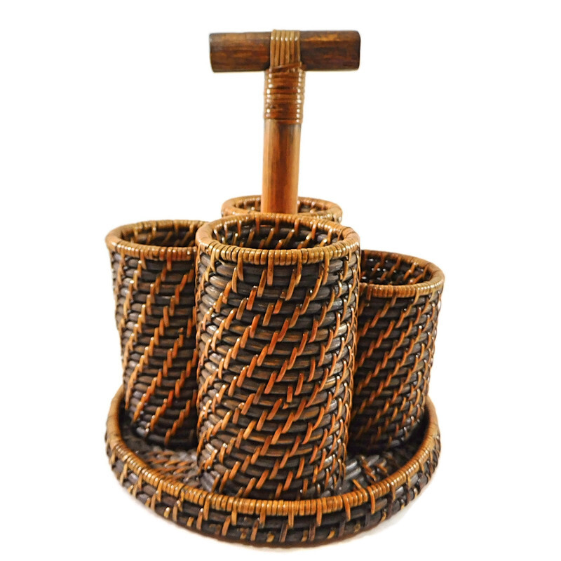 Wicker Rattan Woven 4 Section Caddie Flatware Desk with Handle