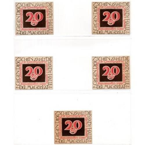 1920 Germany Halle Notgeld Set of 5 Notes (1454)