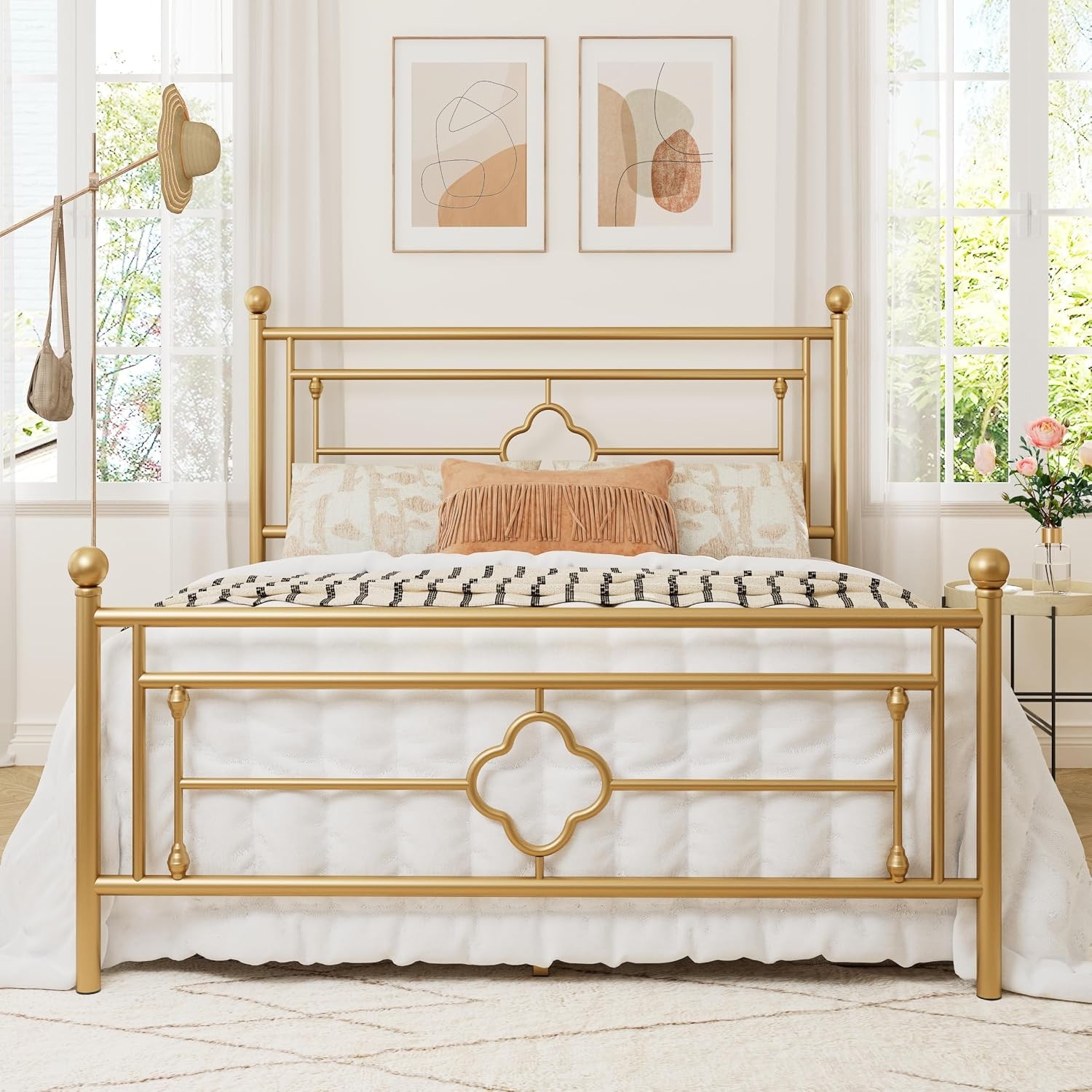 Queen Size Metal Platform Bed Frame Victorian Headboard Gold | Heavy Duty Metal