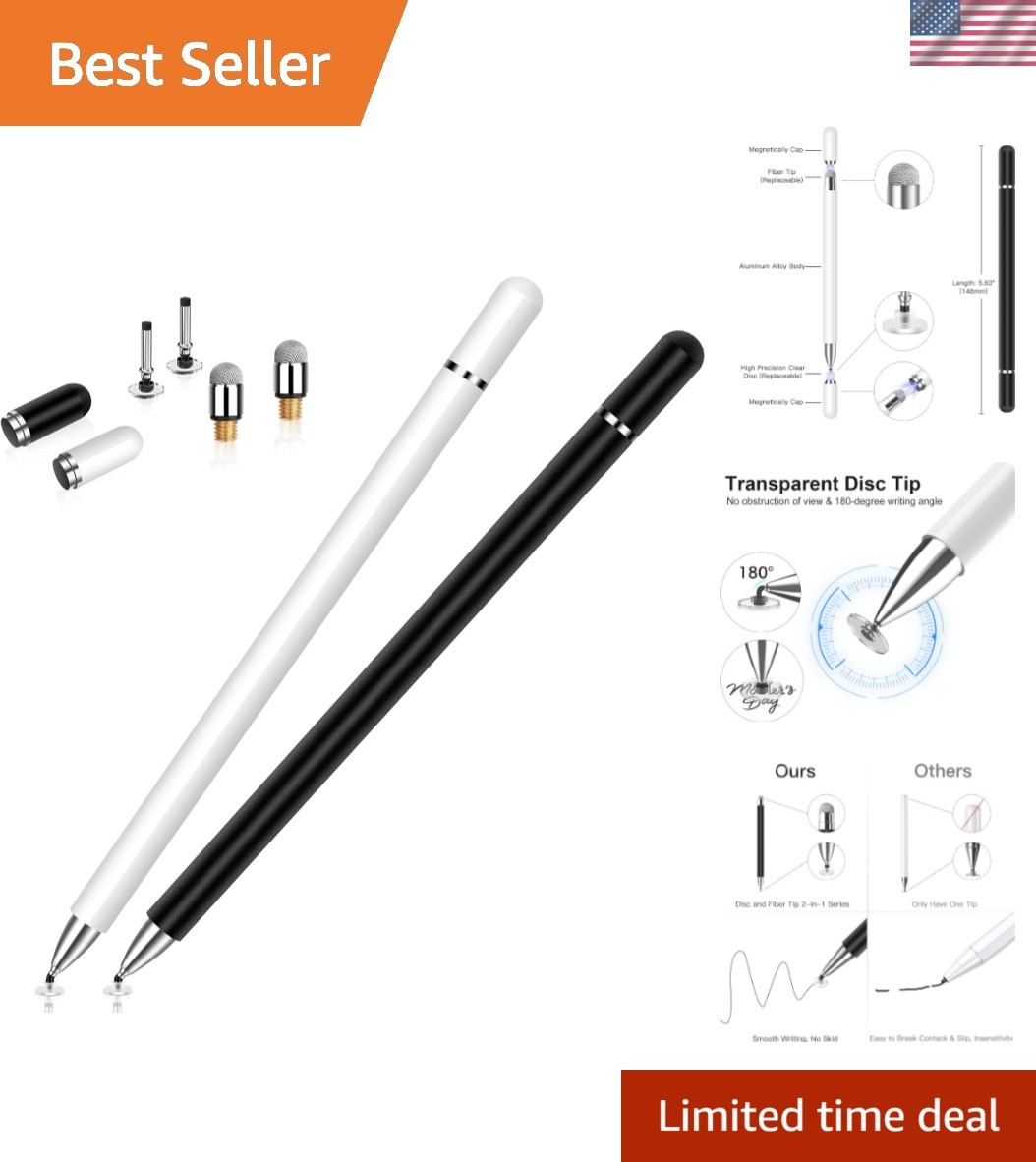 2-Pack High Precision Stylus Pens for Touchscreens - Magnetic Disc & Fiber Tips