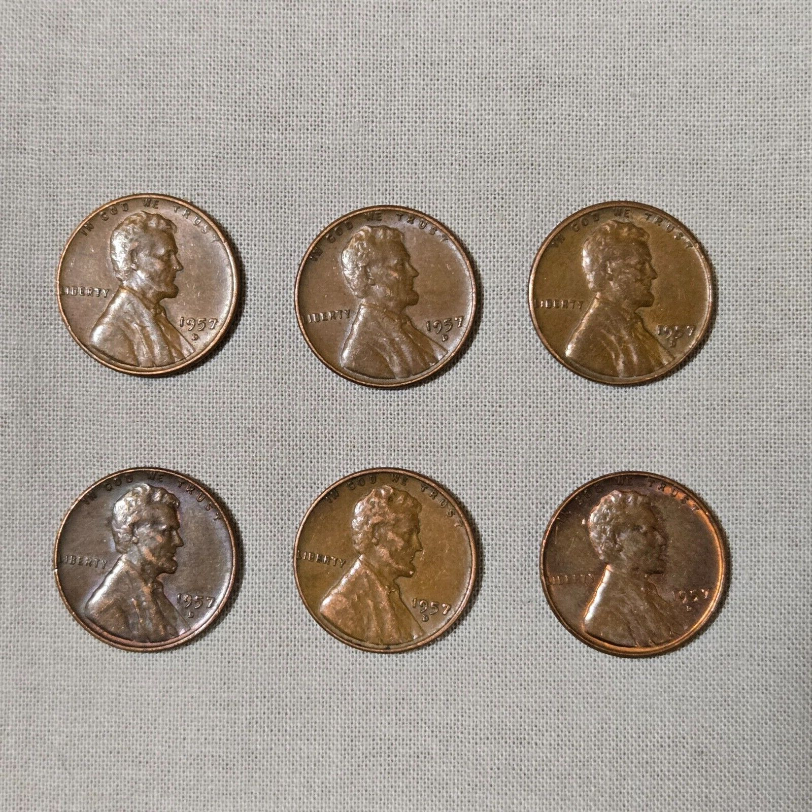 (6) 1957D Lincoln Wheat Cents with  Repunched Mint Marks (RPM) (E856)