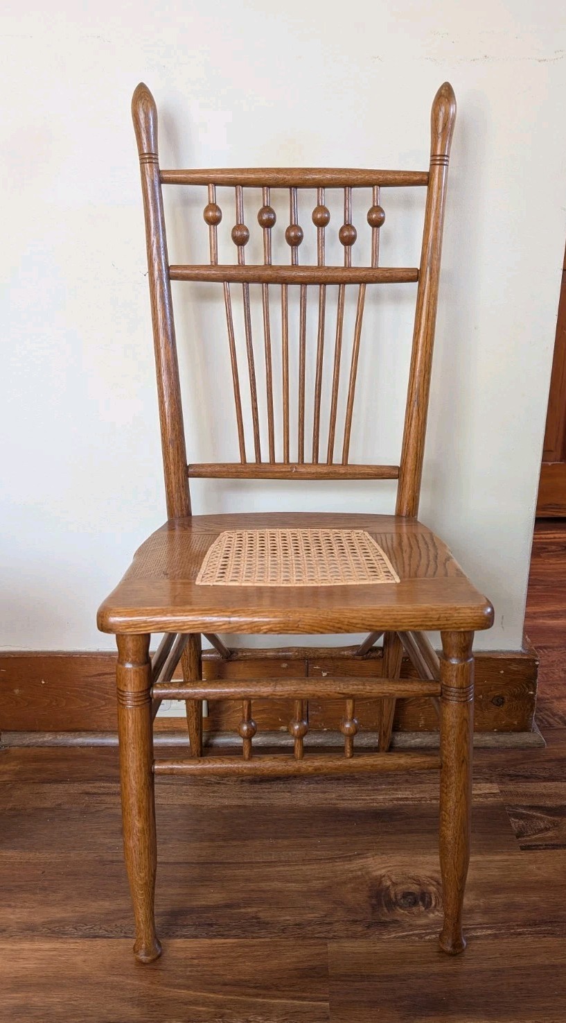 Set Of 2 Matching Oak Stick And Ball Back Side Chairs With Cane Seat Spindle Leg