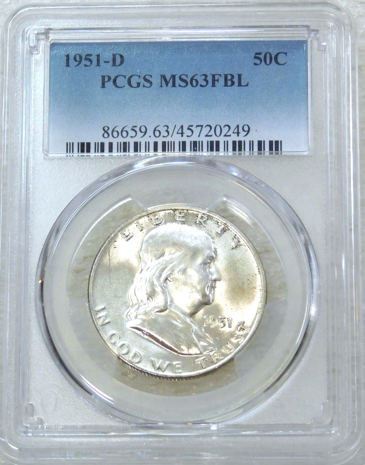 1951-D Franklin Half Dollar PCGS MS63FBL Frosty White PQ New Holder #R329C