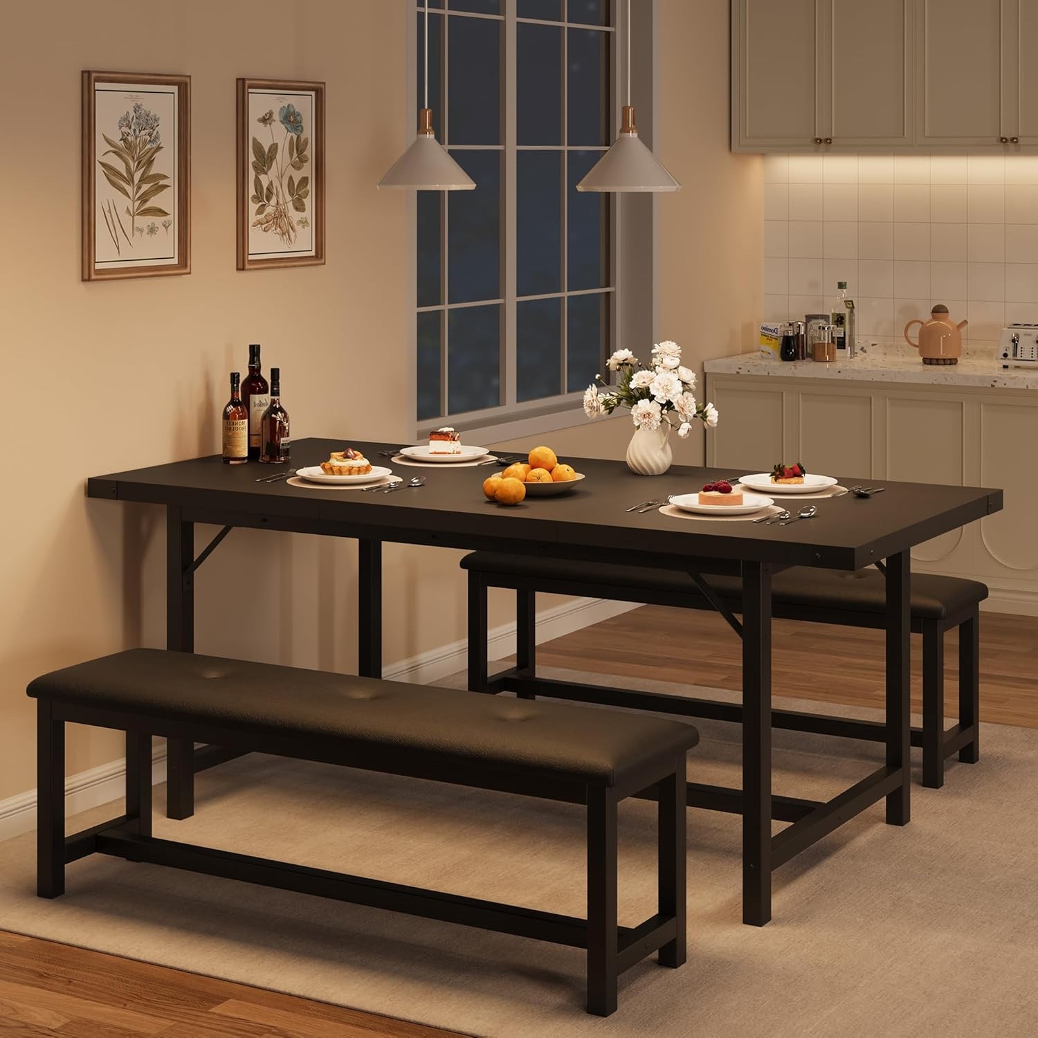 3PCS 63" Extendable Dining Table Set for 4-6 People Kitchen Table Set 2 Benches