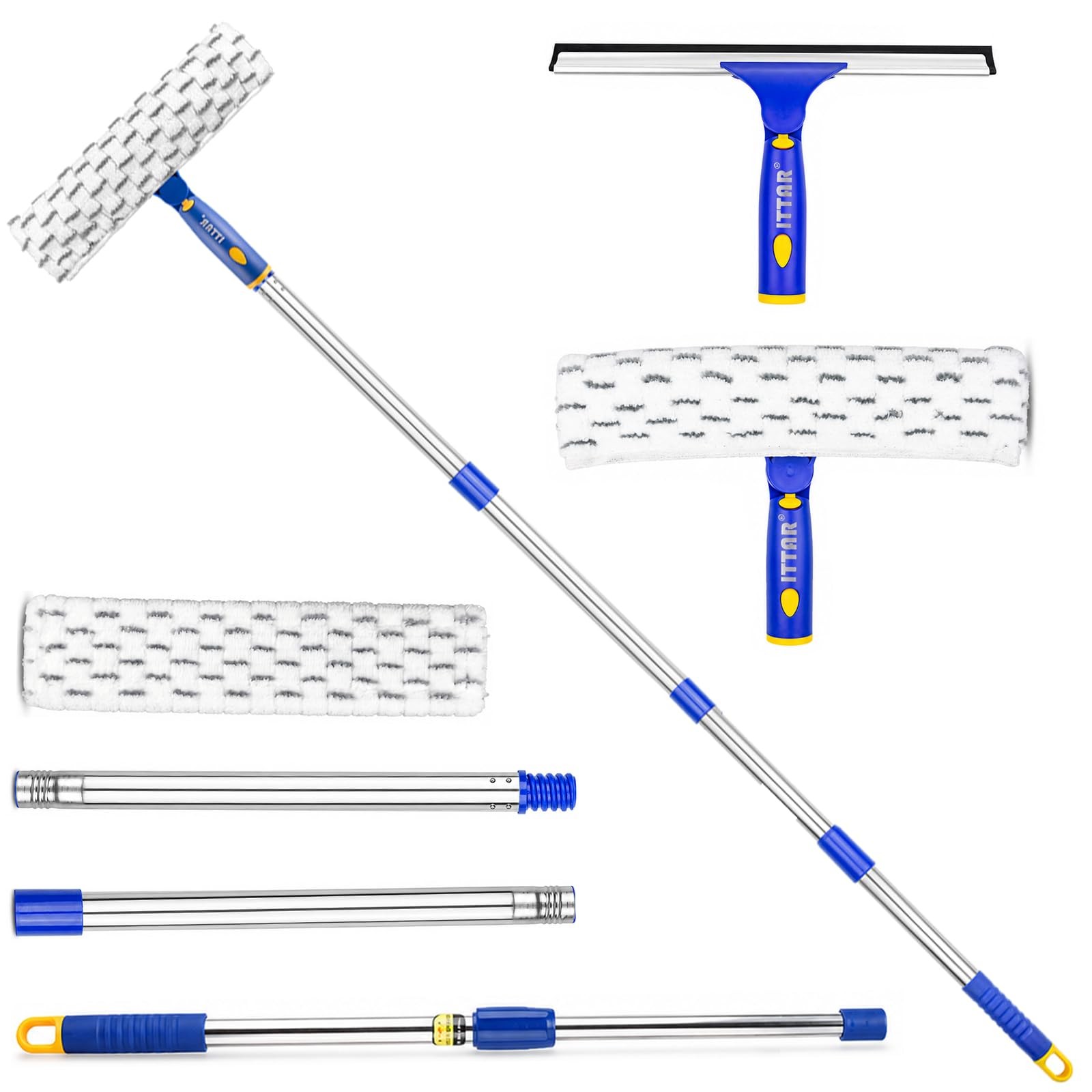 ITTAR Window Squeegee Cleaning Kit with 60" Extension Pole, 7 Piece Set, Blue