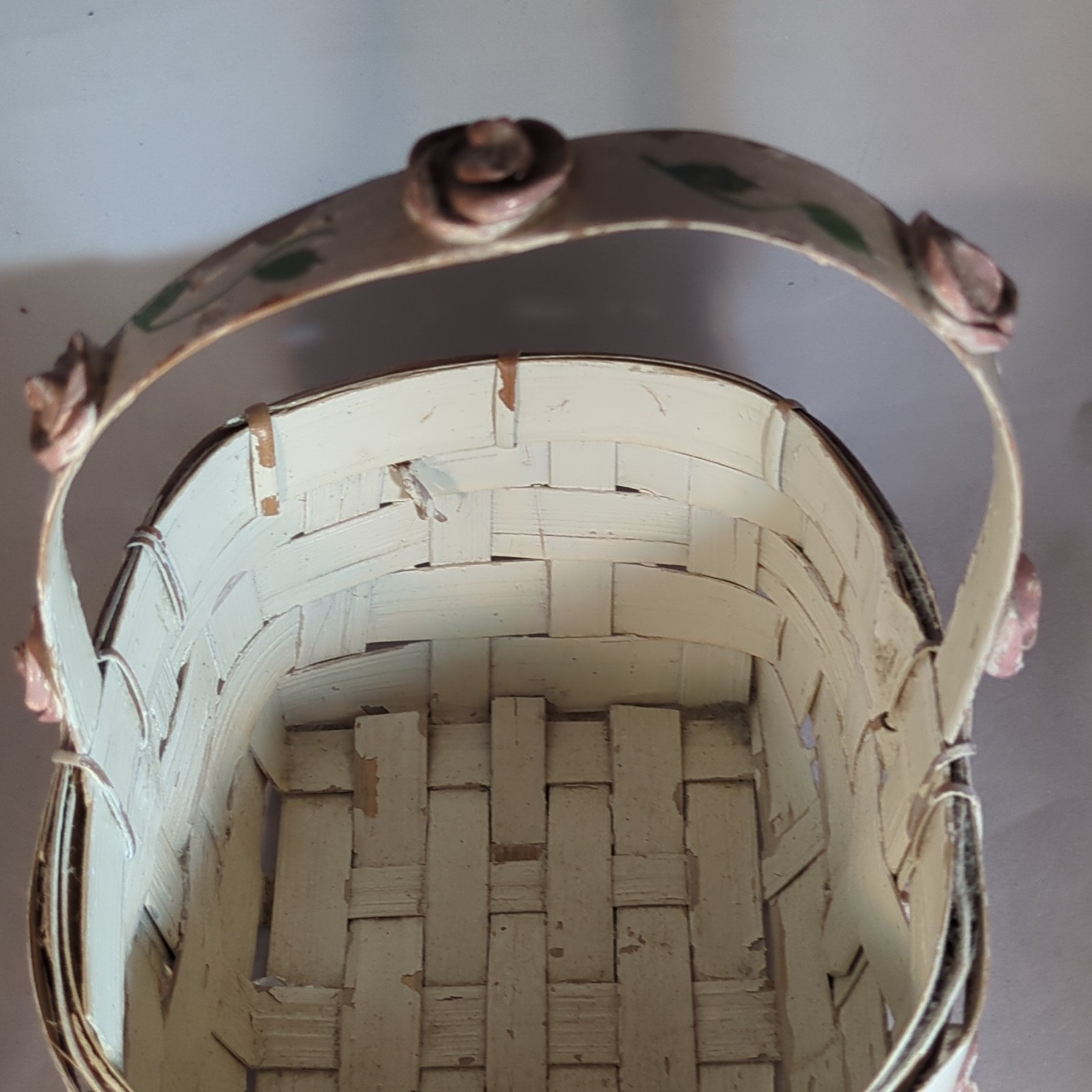 Ivory Rectangular Decorative / Easter Basket With Pink Rose Accents and Handle