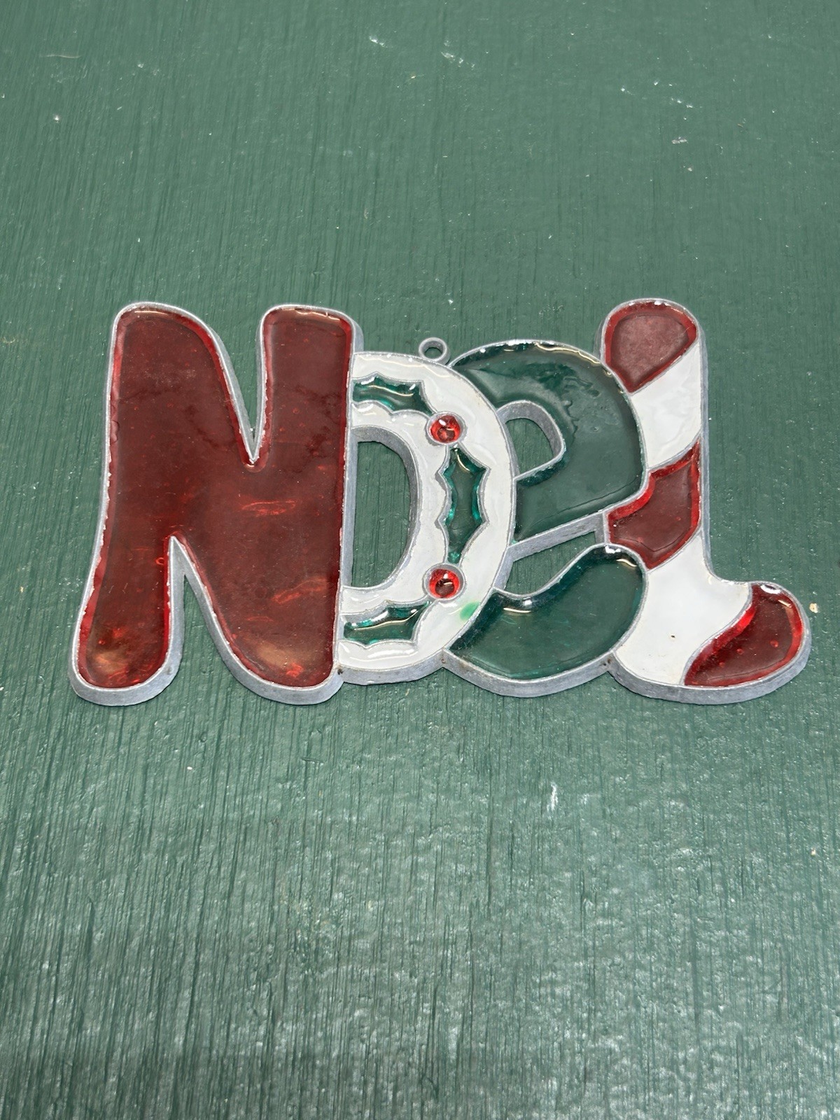 Vintage Hard Plastic Acrylic Christmas NOEL Sun Catcher Stain Glass Look NOEL
