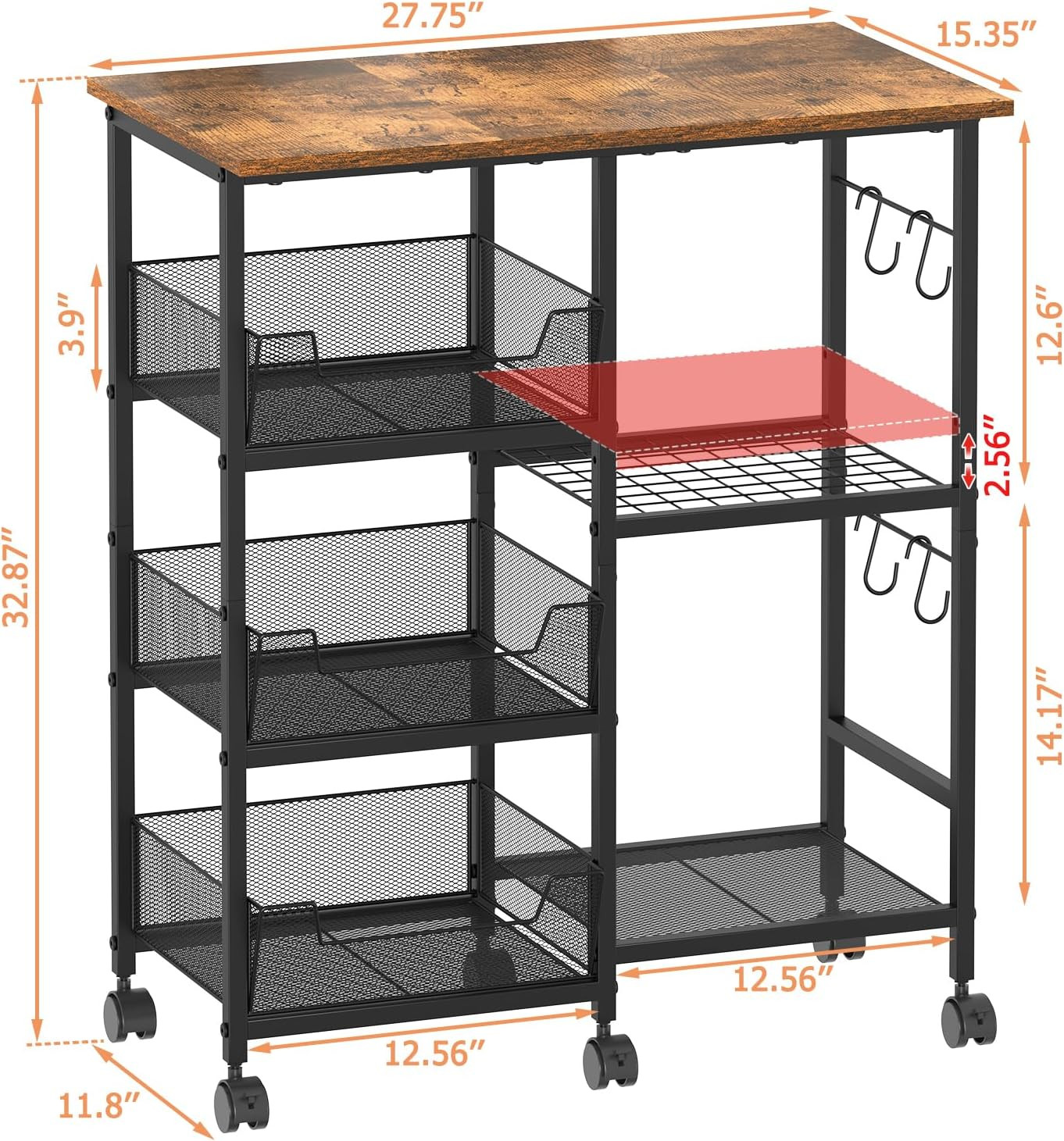 Rolling Kitchen Storage Microwave Cart, Kitchen Island with Adjustable Shelf on
