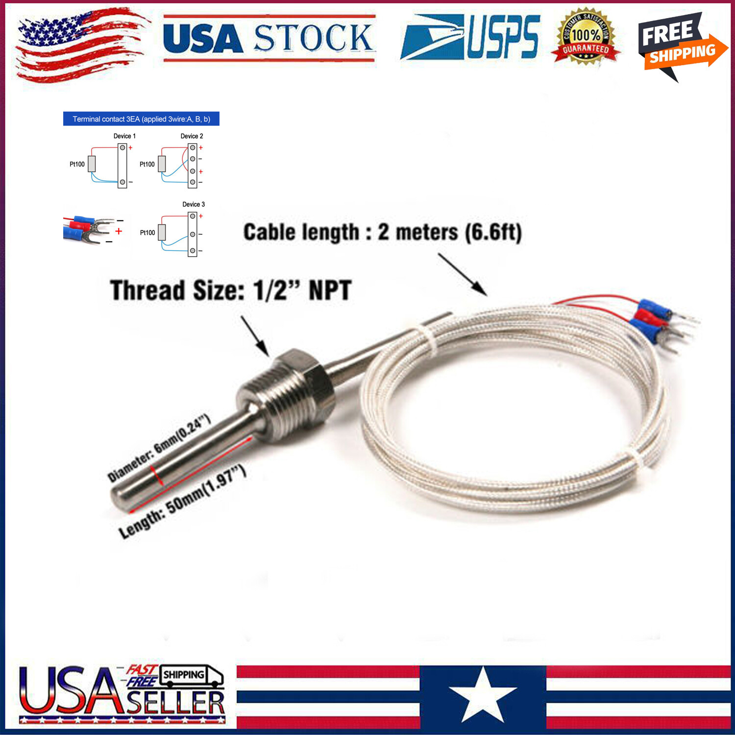 Pt100 RTD Temperature Sensor Probe 1/2" NPT Thread with Wire -50 to 250°C / -58F