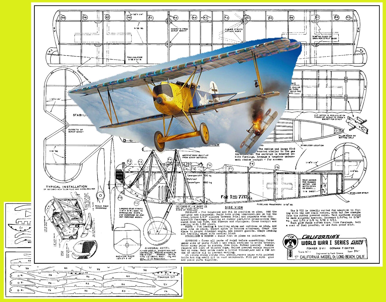 California Model Airplane Plans (FF): Fokker D-VII 22" Scale Rubber-Powered
