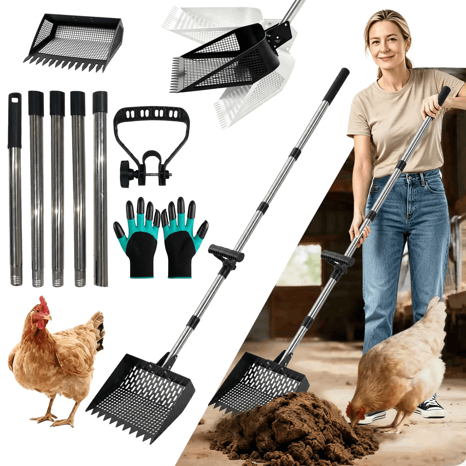2-in-1 Chicken Poop Scooper & Rake 10 in Stainless Steel Adjustable Handle Coop