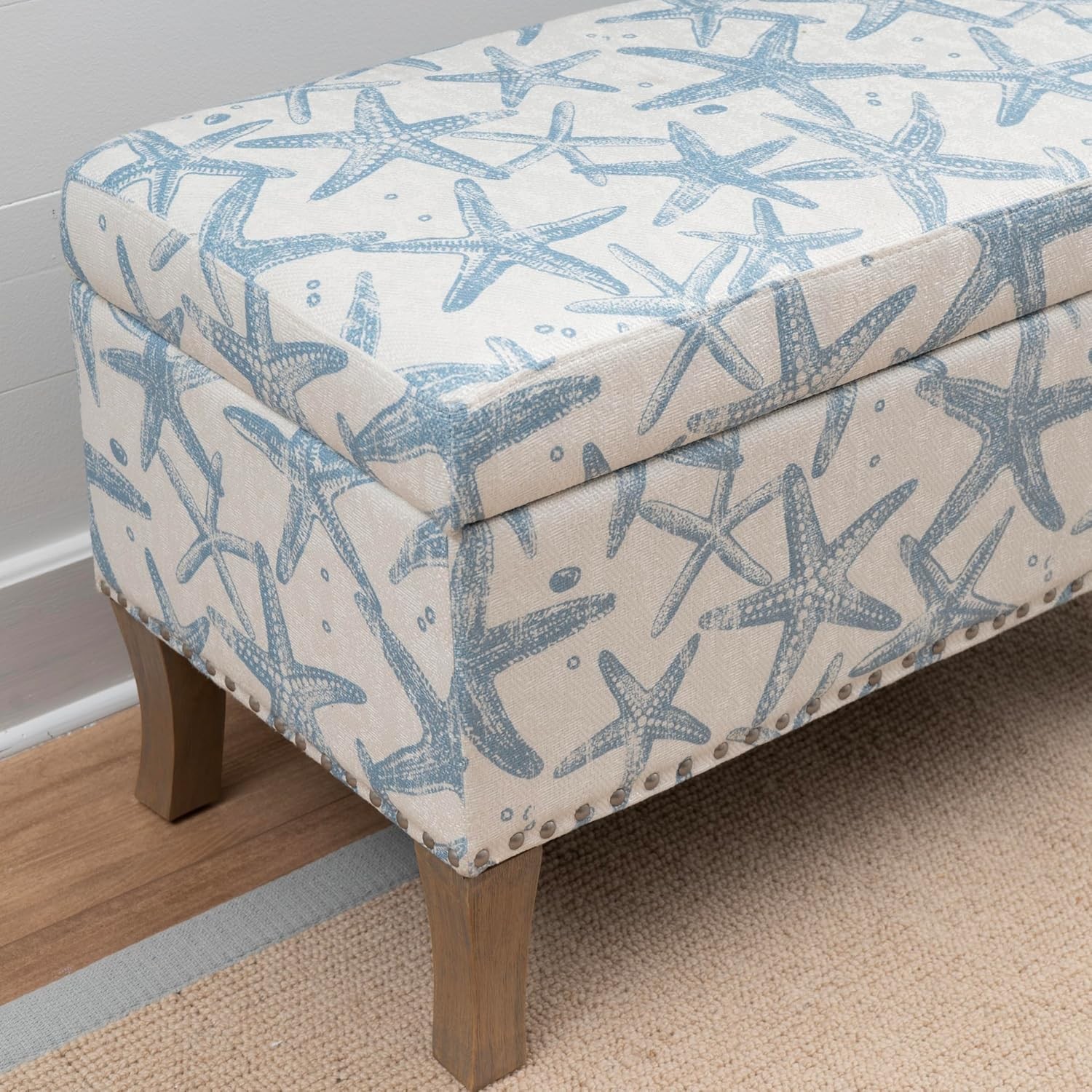 Stephanie Cream & Light Blue Starfish Fully Upholstered Bench W/ Hidden Interior