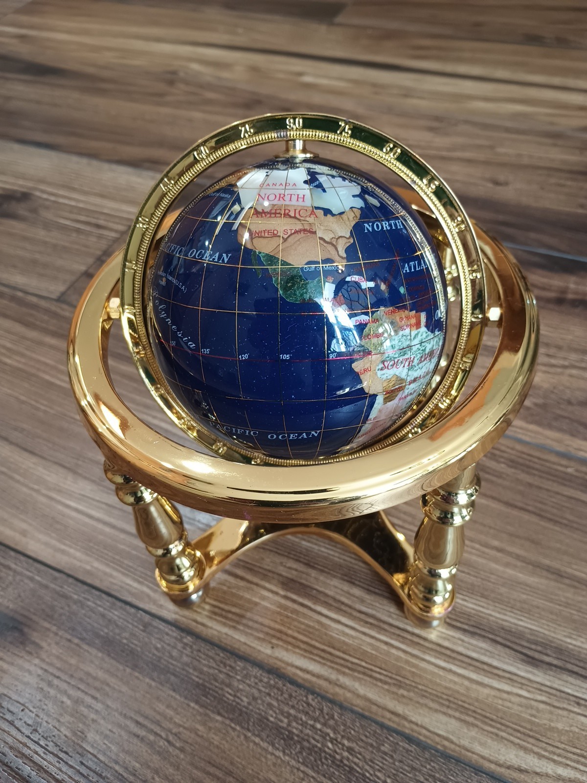 Gemstone World Globe w/ Gold-Toned Brass Stand W/Compass