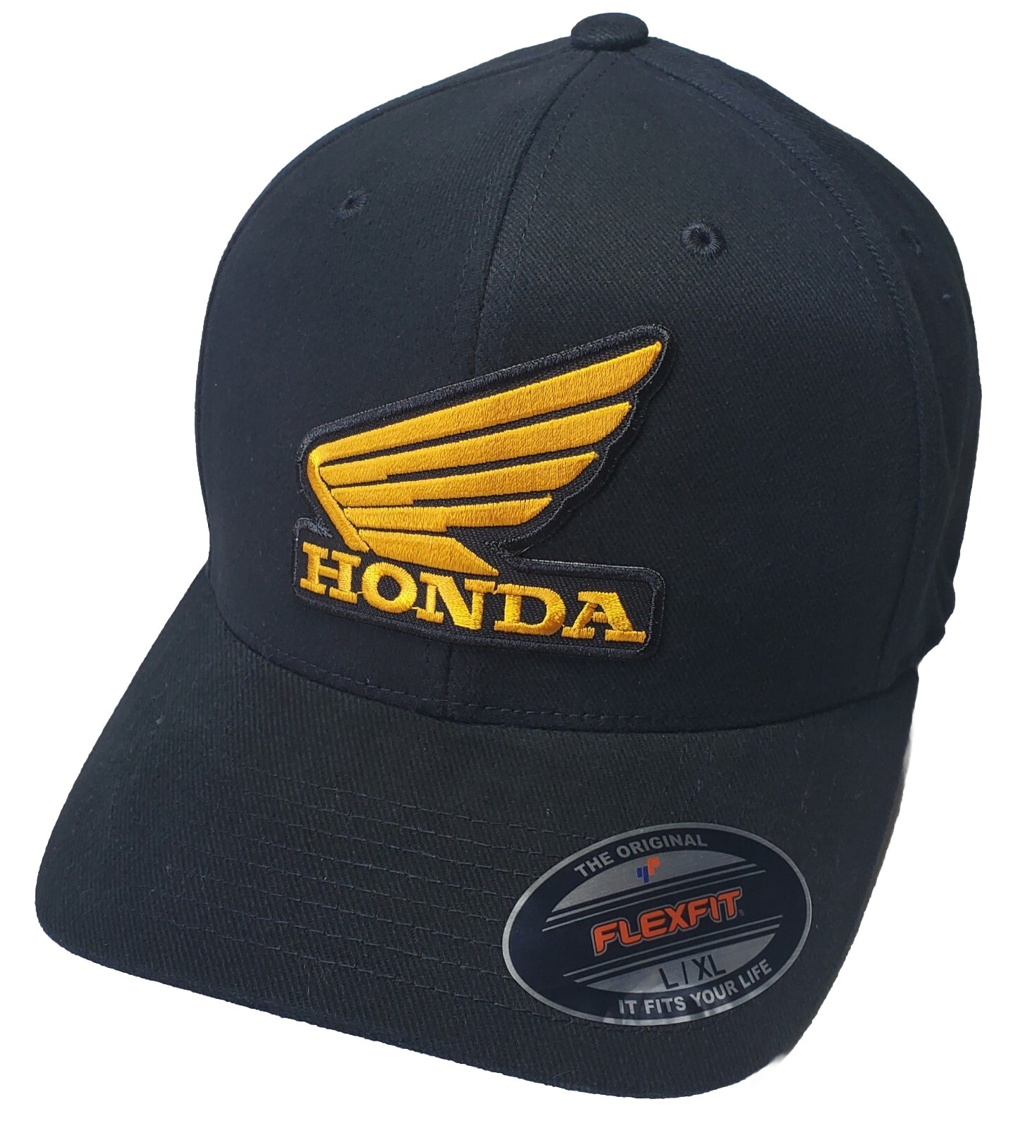 Honda Wing Logo Patch on Flexfit 6377 Brushed Twill/ Black  L/XL 7 1/8" - 7 5/8"
