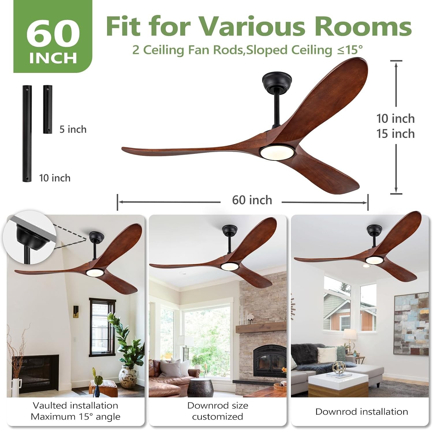 60" Solid Wood Low Profile Ceiling Fan with Lights Remote Control 6 Speeds Quiet