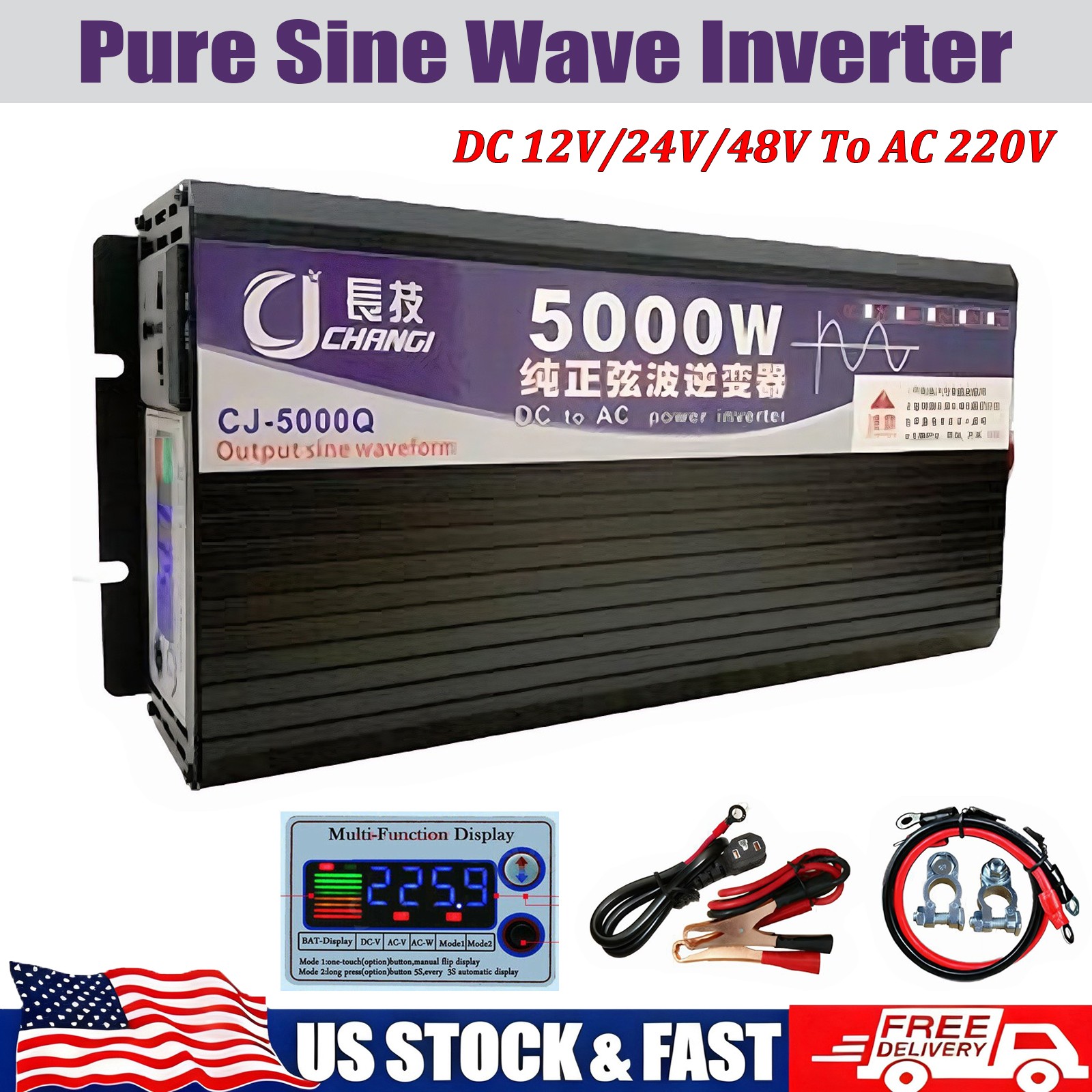 5000W Pure Sine Wave Inverter DC 12V/24V/48V To AC 220V For Cars & Rvs US