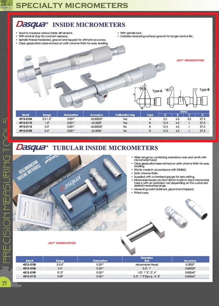 DASQUA 1-2" INSIDE MICROMETER WITH RING GAGE (4912-5110)