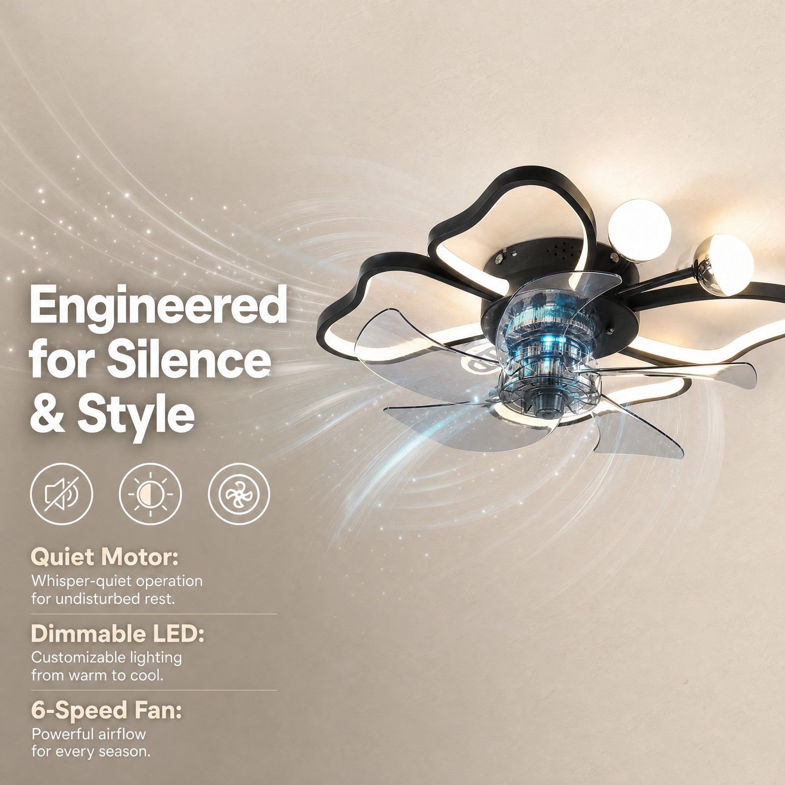 20 inch Remote APP Control Butterfly Modern Ceiling Fan with Light Flush Mount