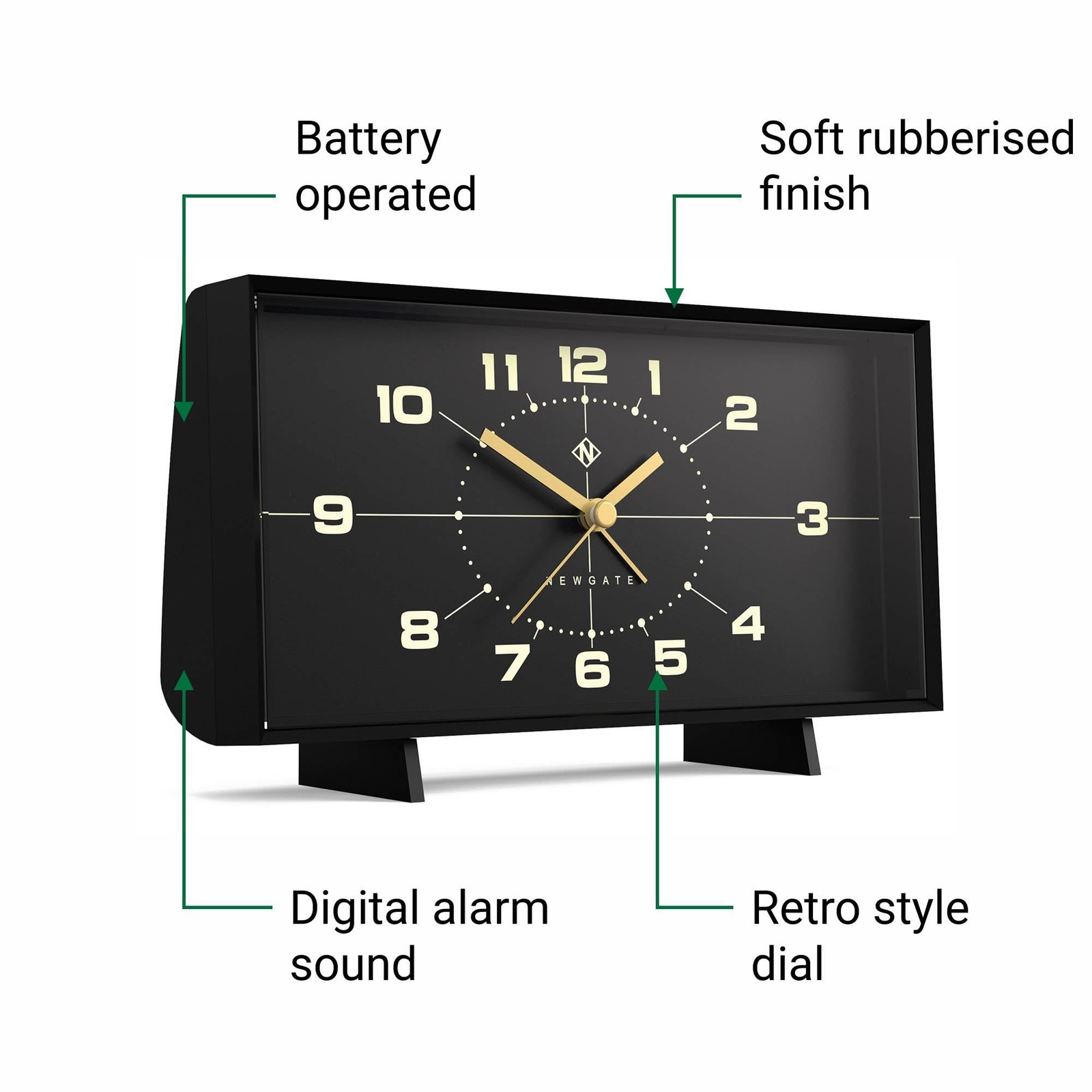 NEWGATE® Wideboy Alarm Clock | Rectangular Retro Design | cm, Matt Black