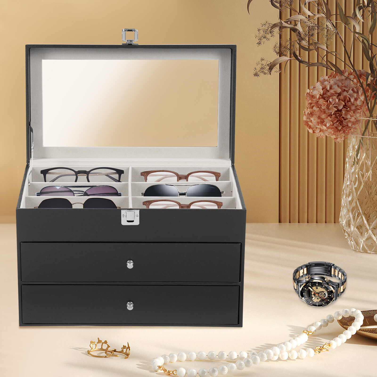 Watch Box Leather Display Case Organizer 24 Slots Glass Jewelry Storage Men NEW