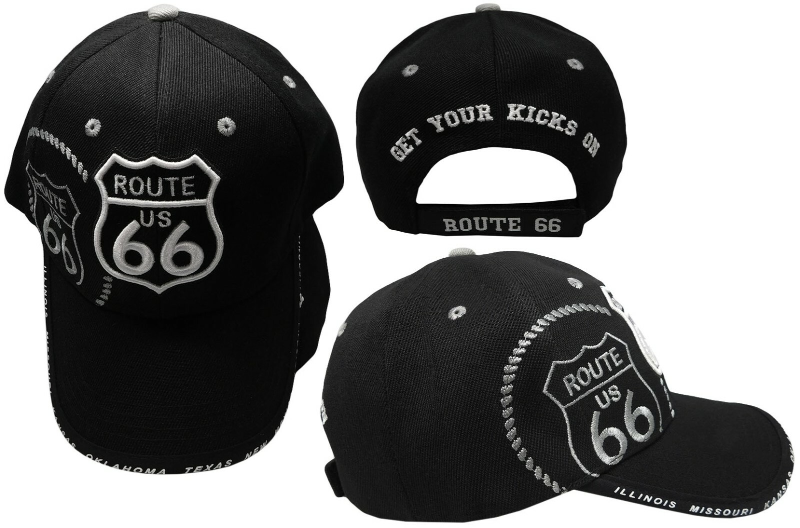 Route 66 Rte 66 Get Your Kicks State Highway Black Embroidered Cap Hat (TW)