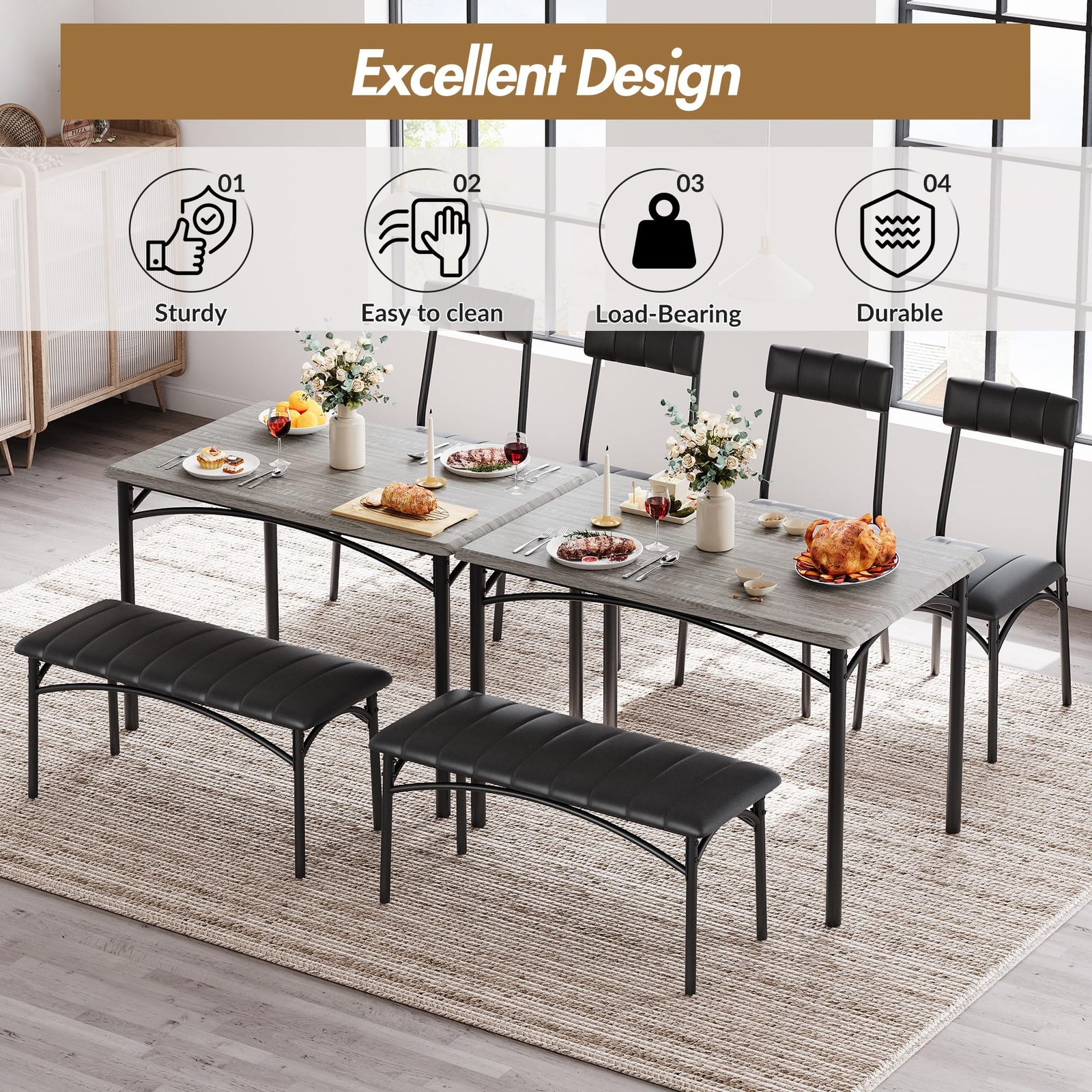 Dining Table Set, Kitchen Table With Upholstered Bench and Chairs for Apartment