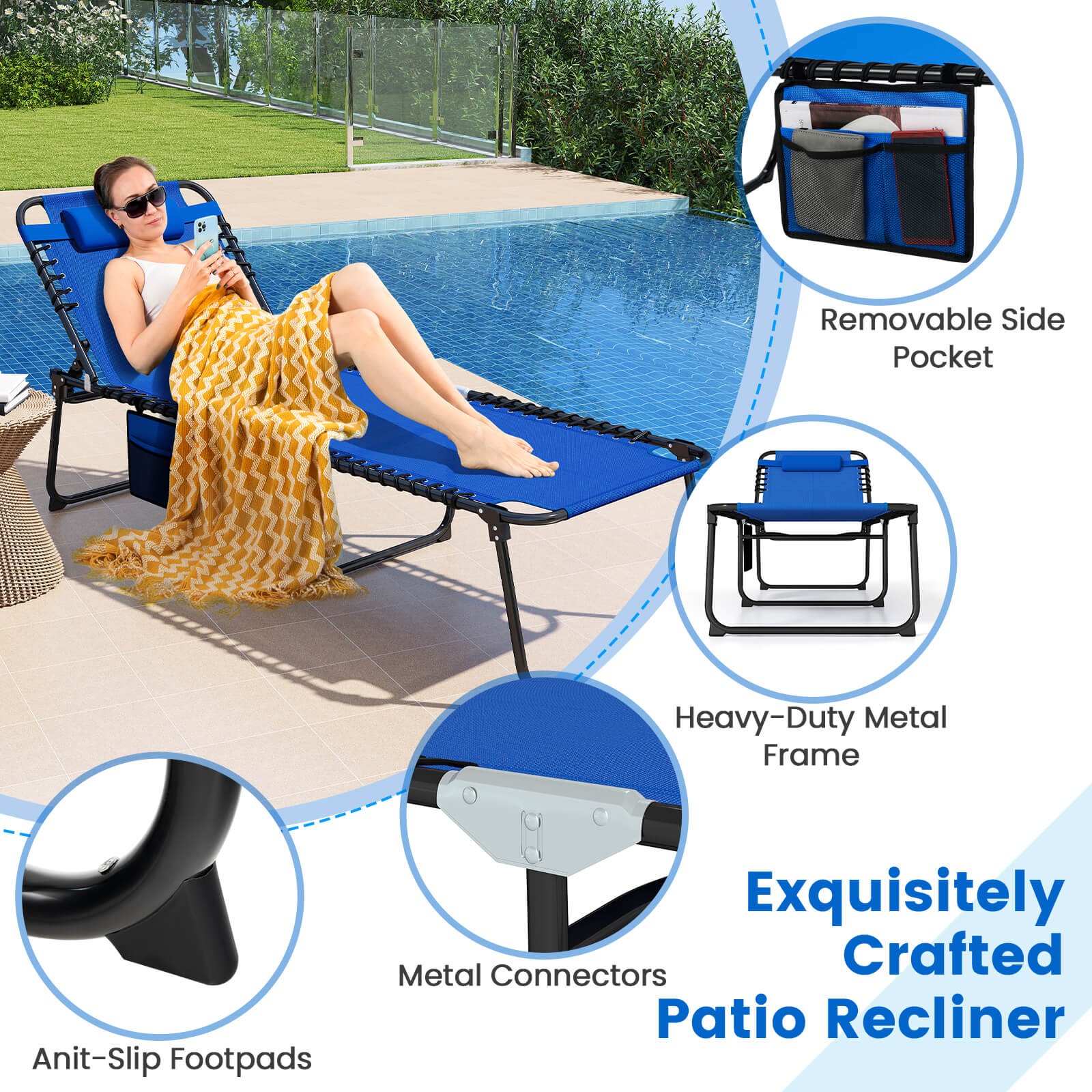 Oversize Folding Chaise Lounge with Adjustable Backrest Detachable Pillow Pocket